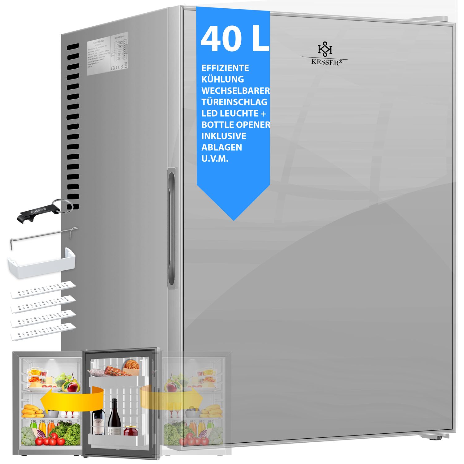 KESSER&reg; Minik&uuml;hlschrank mit Schloss, Minibar 40 Liter Nutzinhalt, Leise 22db, Abschlie&szlig;bar, Schlafzimmer, Wechselbarer T&uuml;ranschlag, ca. 4&deg;-16&deg;C H&ouml;he 57cm, Innenbeleuchtung Tisch-K&uuml;hlschrank - Bild 1