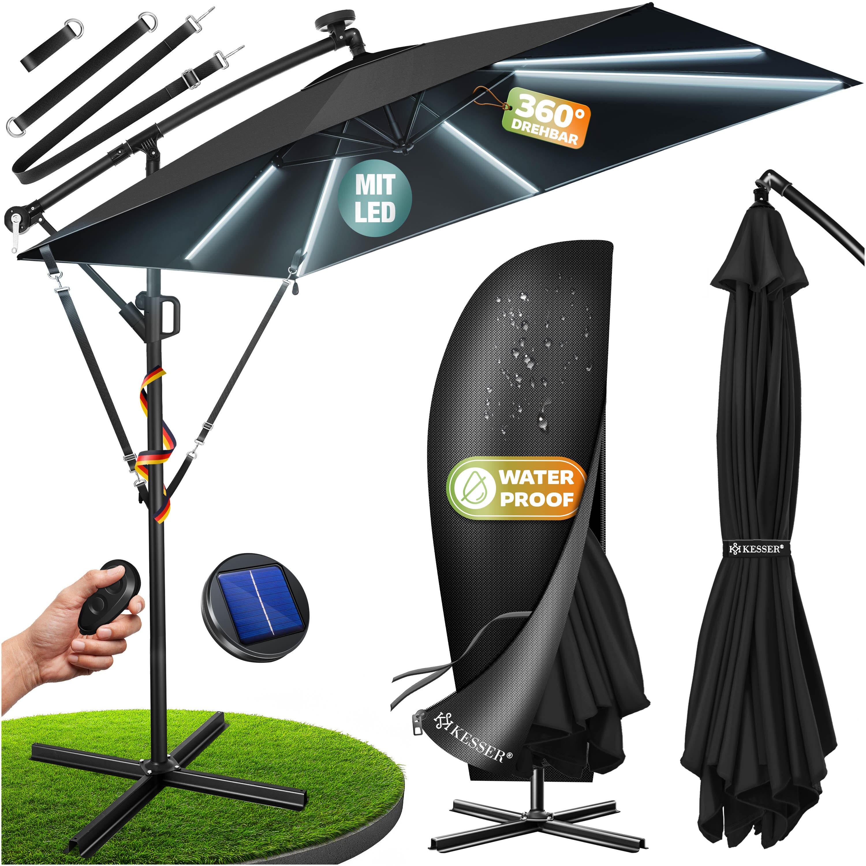 KESSER&reg; Ampelschirm Holly Sonnenschirm Rechteckig mit und ohne LED Solar inkl. Abdeckung + Windsicherung mit Kurbel | Kurbel-Schirm mit St&auml;nder UV-Schutz Aluminium Wasserabweisend &Oslash;350cm Gartenschirm - Bild 1