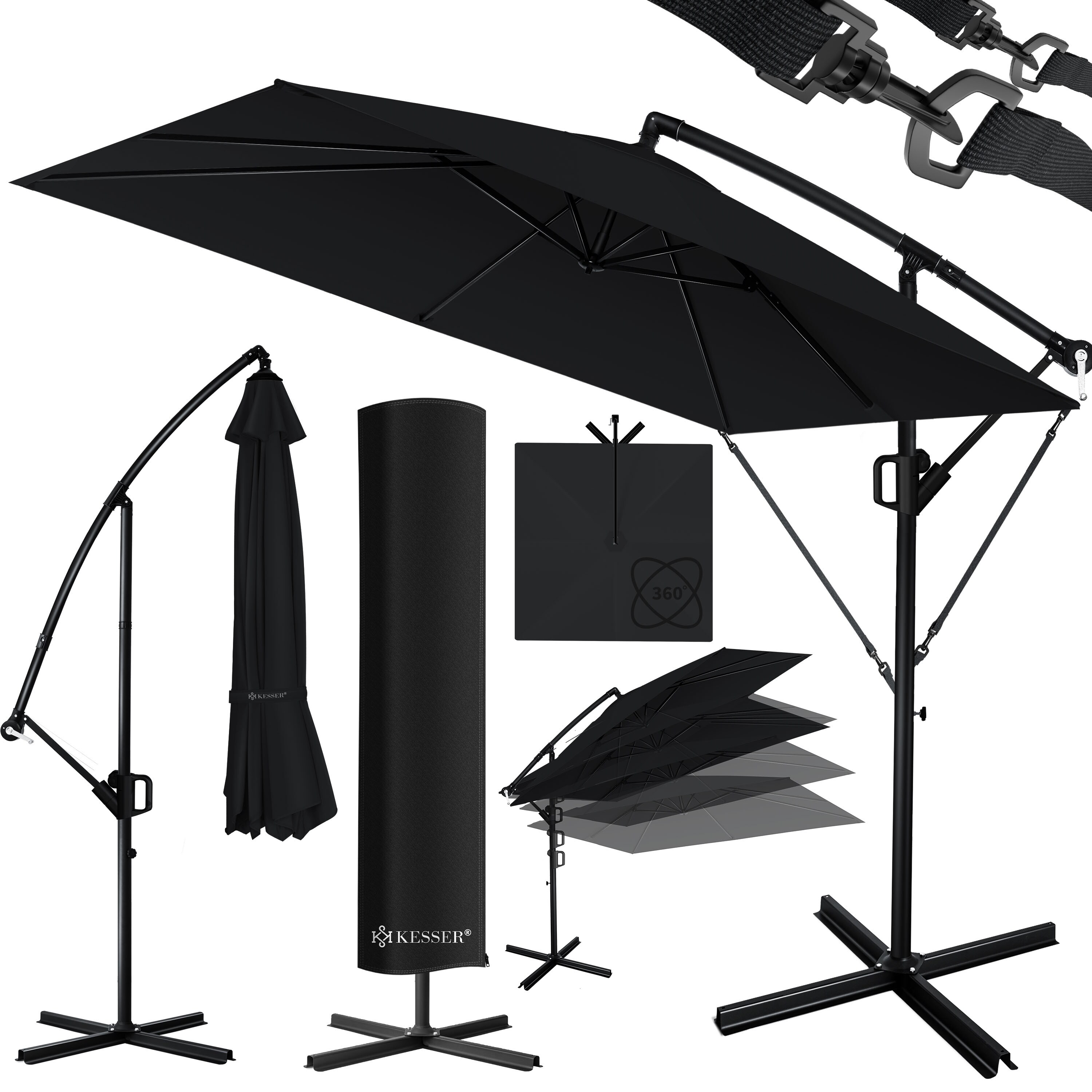 KESSER&reg; Ampelschirm Holly Sonnenschirm Rechteckig mit und ohne LED Solar inkl. Abdeckung + Windsicherung mit Kurbel | Kurbel-Schirm mit St&auml;nder UV-Schutz Aluminium Wasserabweisend &Oslash;350cm Gartenschirm - Bild 1