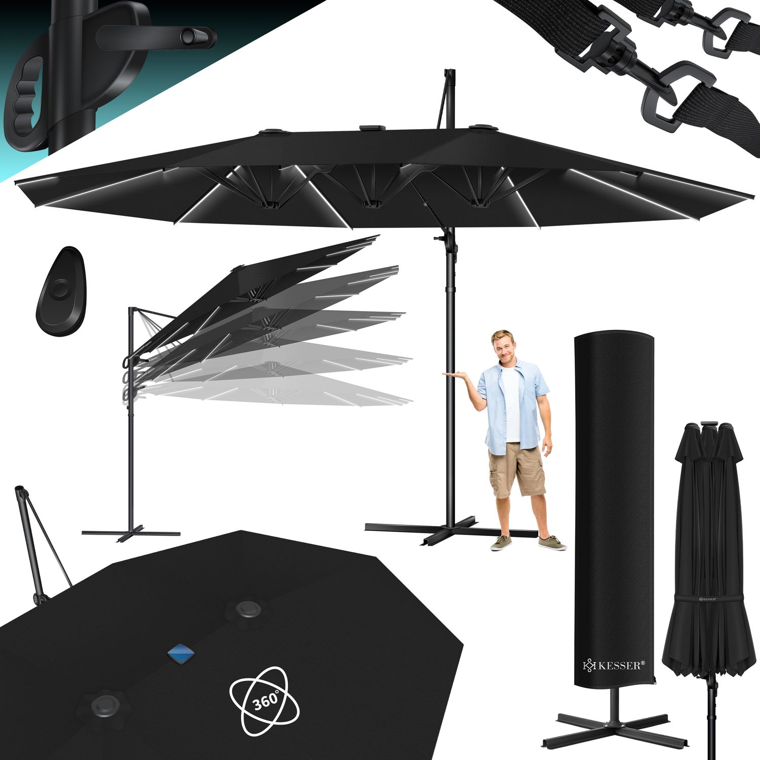 KESSER&reg; Sonnenschirm Doppelsonnenschirm 4,6m x 2,7m | Ampelschirm Abdeckung & Windsicherung mit Kurbel & St&auml;nder | Kurbelschirm Aluminium wasserabweisend | Neigbar Kippbar 360&deg; Drehbar - Bild 1