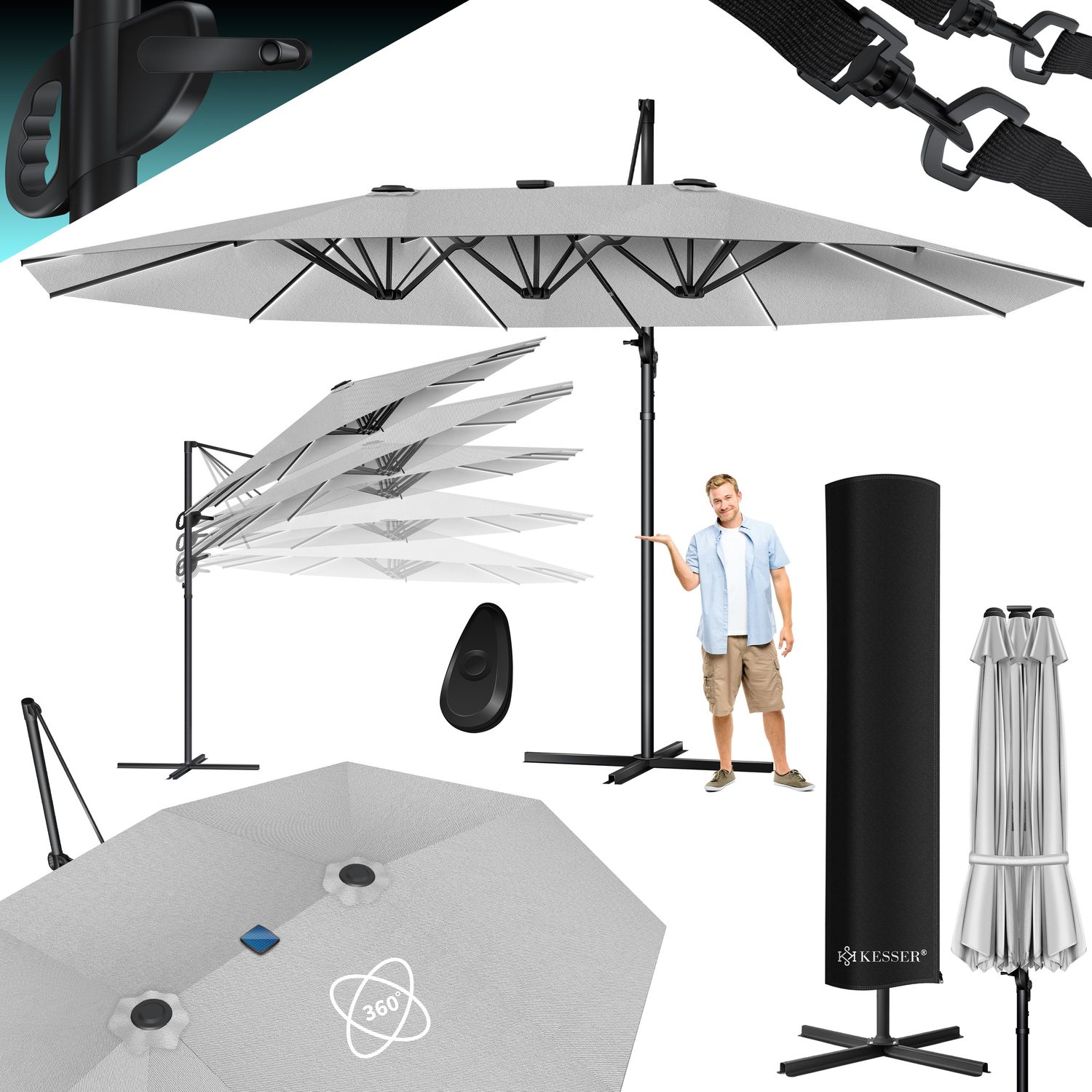 KESSER&reg; Sonnenschirm Doppelsonnenschirm 4,6m x 2,7m | Ampelschirm Abdeckung & Windsicherung mit Kurbel & St&auml;nder | Kurbelschirm Aluminium wasserabweisend | Neigbar Kippbar 360&deg; Drehbar - Bild 1