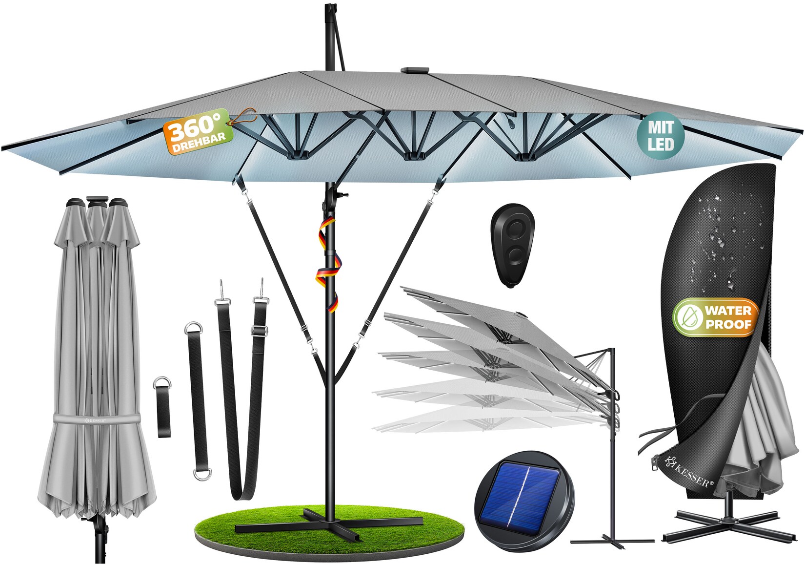 ® Sonnenschirm Doppelsonnenschirm 4,6m x 2,7m   Ampelschirm Abdeckung & Windsicherung mit Kurbel & Ständer   Kurbelschirm Aluminium wasserabweisend   Neigbar Kippbar 360° Drehbar