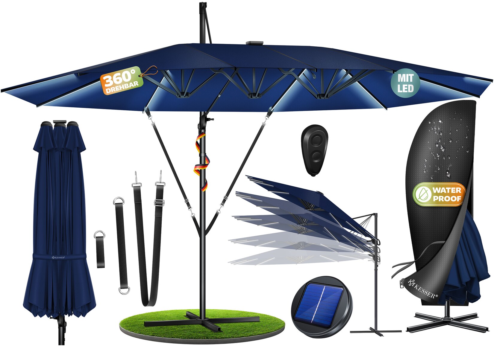 ® Sonnenschirm Doppelsonnenschirm 4,6m x 2,7m   Ampelschirm Abdeckung & Windsicherung mit Kurbel & Ständer   Kurbelschirm Aluminium wasserabweisend   Neigbar Kippbar 360° Drehbar