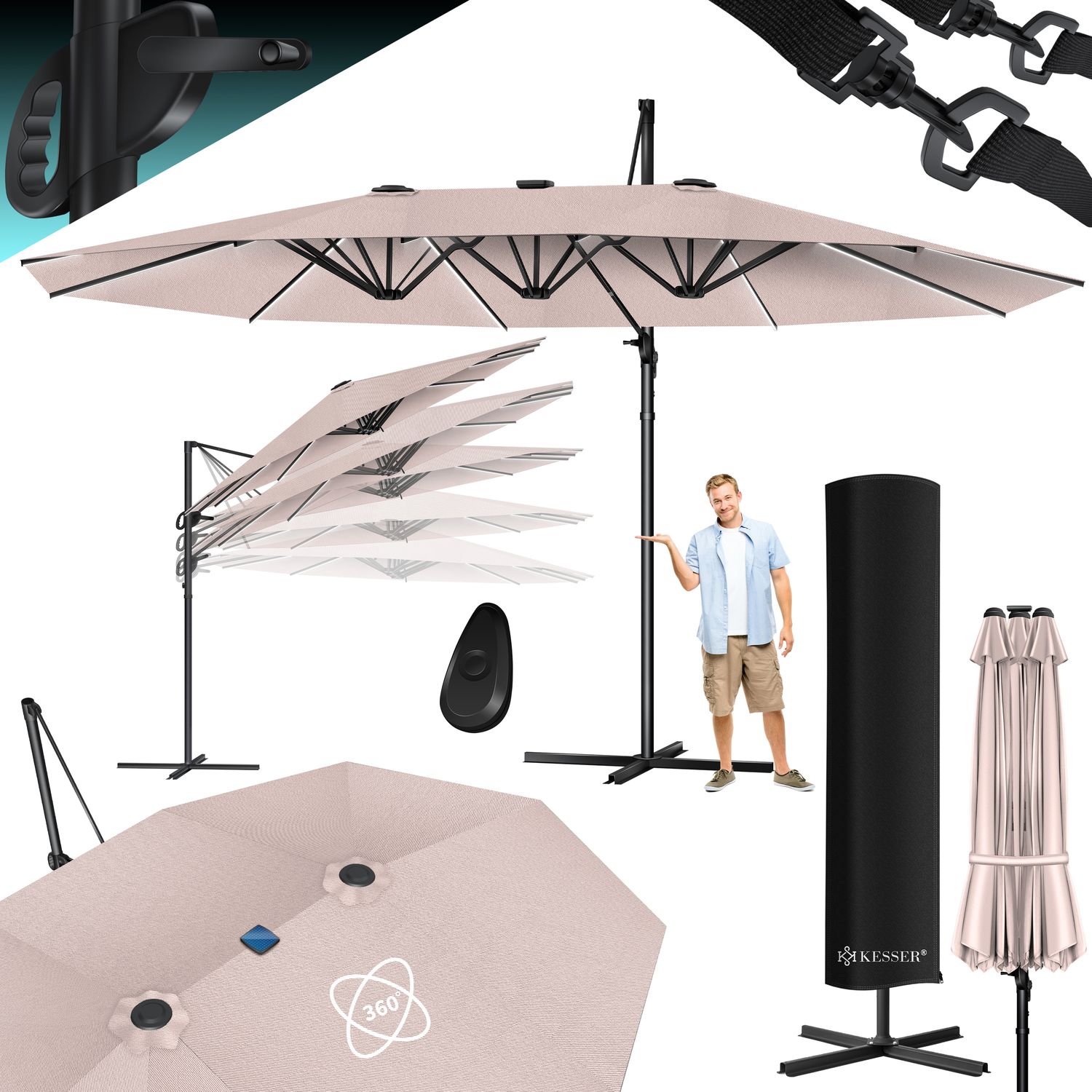 KESSER&reg; Sonnenschirm Doppelsonnenschirm 4,6m x 2,7m | Ampelschirm Abdeckung & Windsicherung mit Kurbel & St&auml;nder | Kurbelschirm Aluminium wasserabweisend | Neigbar Kippbar 360&deg; Drehbar - Bild 1