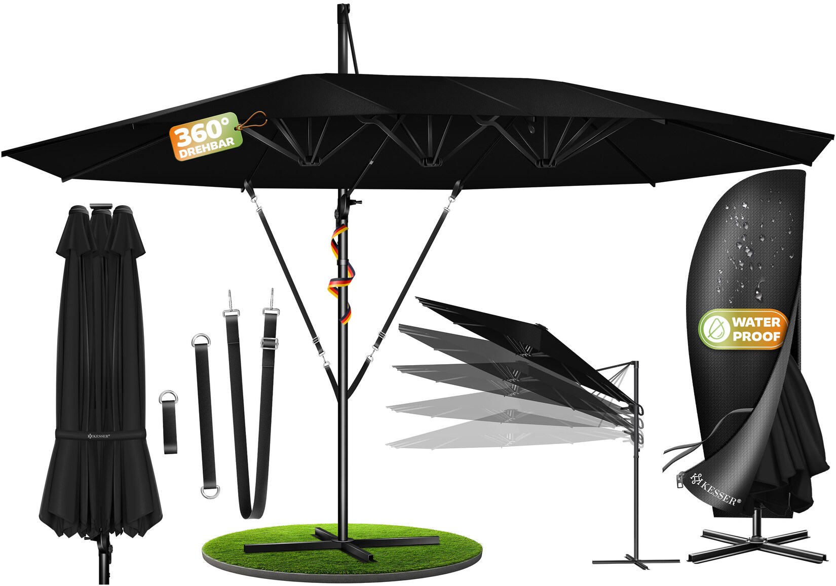 ® Sonnenschirm Doppelsonnenschirm 4,6m x 2,7m   Ampelschirm Abdeckung & Windsicherung mit Kurbel & Ständer   Kurbelschirm Aluminium wasserabweisend   Neigbar Kippbar 360° Drehbar