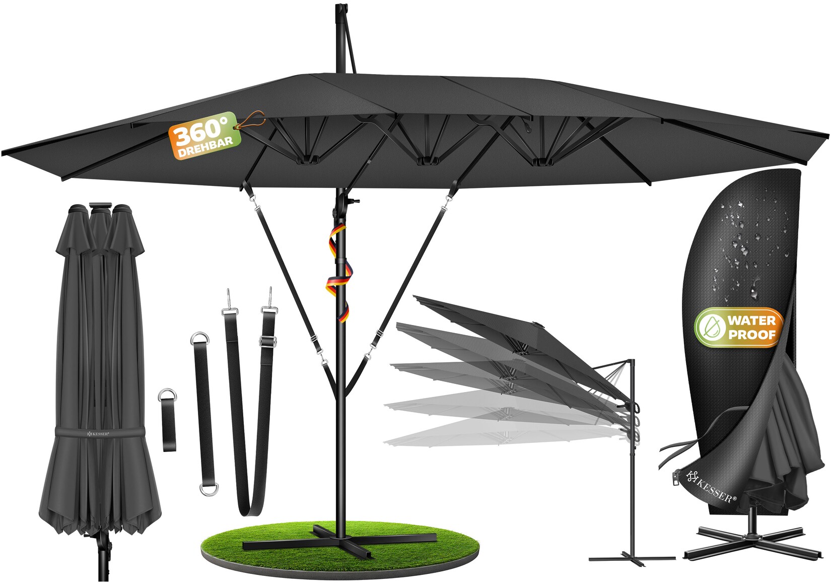 ® Sonnenschirm Doppelsonnenschirm 4,6m x 2,7m   Ampelschirm Abdeckung & Windsicherung mit Kurbel & Ständer   Kurbelschirm Aluminium wasserabweisend   Neigbar Kippbar 360° Drehbar