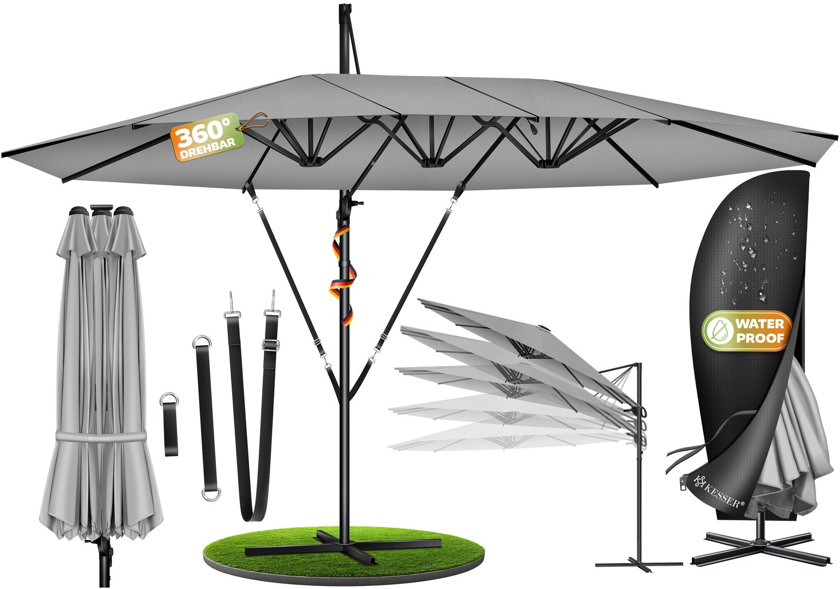 ® Sonnenschirm Doppelsonnenschirm 4,6m x 2,7m   Ampelschirm Abdeckung & Windsicherung mit Kurbel & Ständer   Kurbelschirm Aluminium wasserabweisend   Neigbar Kippbar 360° Drehbar