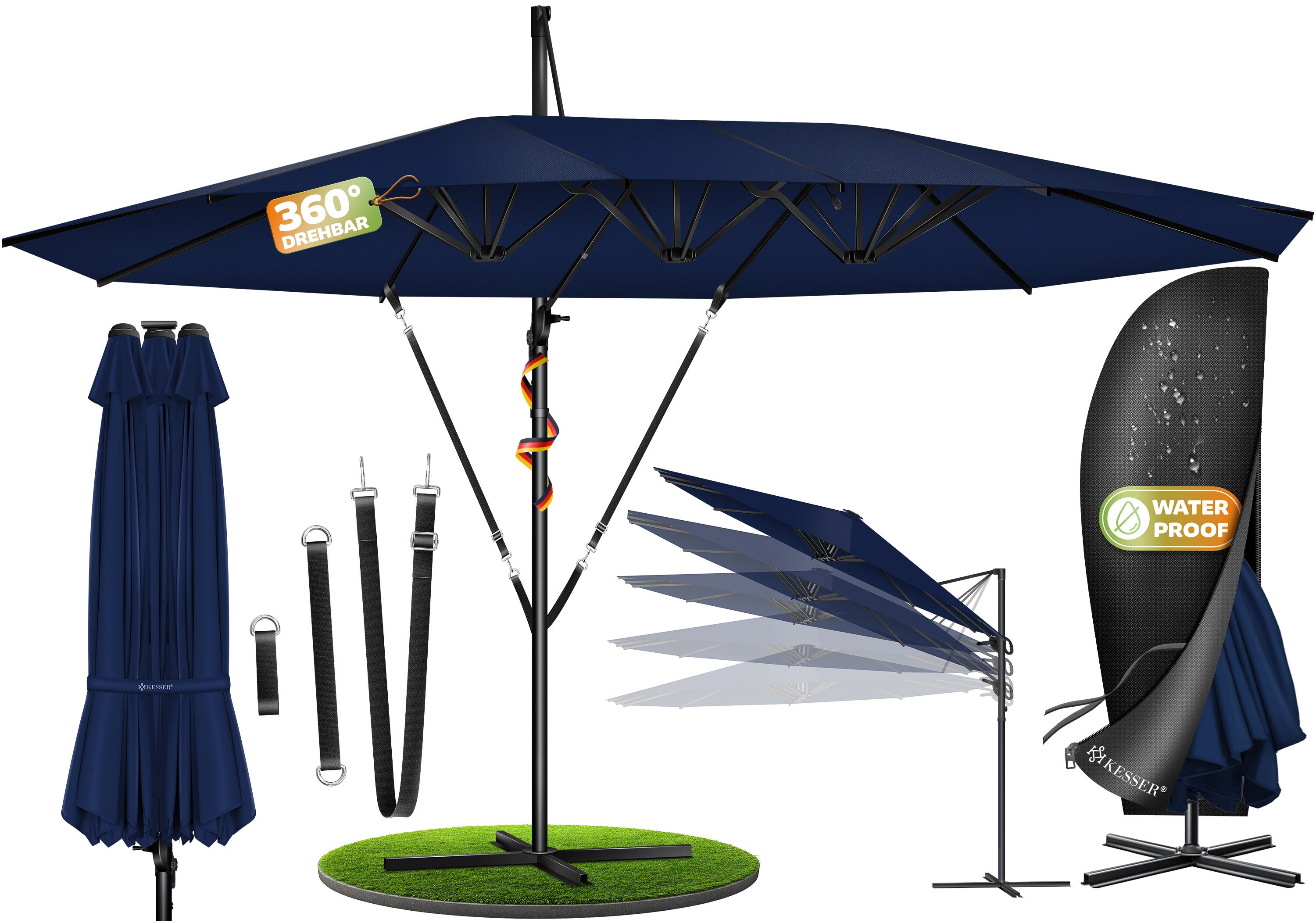 KESSER&reg; Sonnenschirm Doppelsonnenschirm 4,6m x 2,7m | Ampelschirm Abdeckung & Windsicherung mit Kurbel & St&auml;nder | Kurbelschirm Aluminium wasserabweisend | Neigbar Kippbar 360&deg; Drehbar - Bild 1