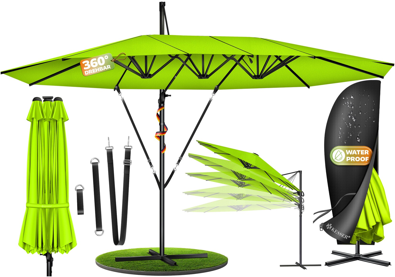 ® Sonnenschirm Doppelsonnenschirm 4,6m x 2,7m   Ampelschirm Abdeckung & Windsicherung mit Kurbel & Ständer   Kurbelschirm Aluminium wasserabweisend   Neigbar Kippbar 360° Drehbar