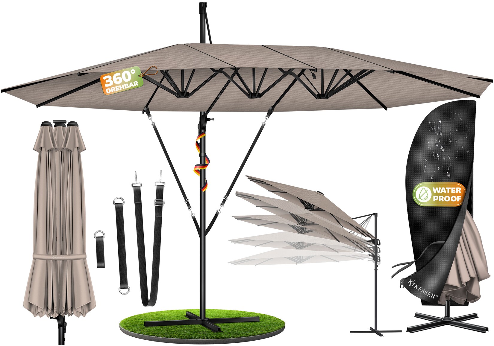 ® Sonnenschirm Doppelsonnenschirm 4,6m x 2,7m   Ampelschirm Abdeckung & Windsicherung mit Kurbel & Ständer   Kurbelschirm Aluminium wasserabweisend   Neigbar Kippbar 360° Drehbar