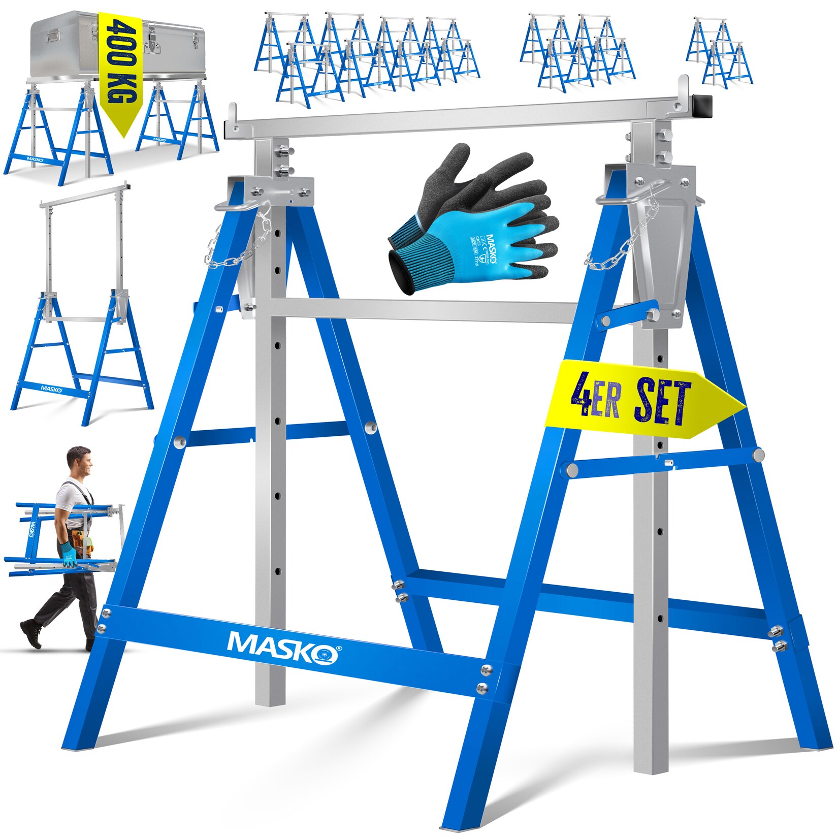 MASKO® Teleskop-Arbeitsbock Untergestell Klappbock max. Belastbarkeit 200 kg Unterstellbock höhenverstellbar Min. / max. Arbeitshöhe 800-1300 mm Gerüstbock inkl. Handschuhe