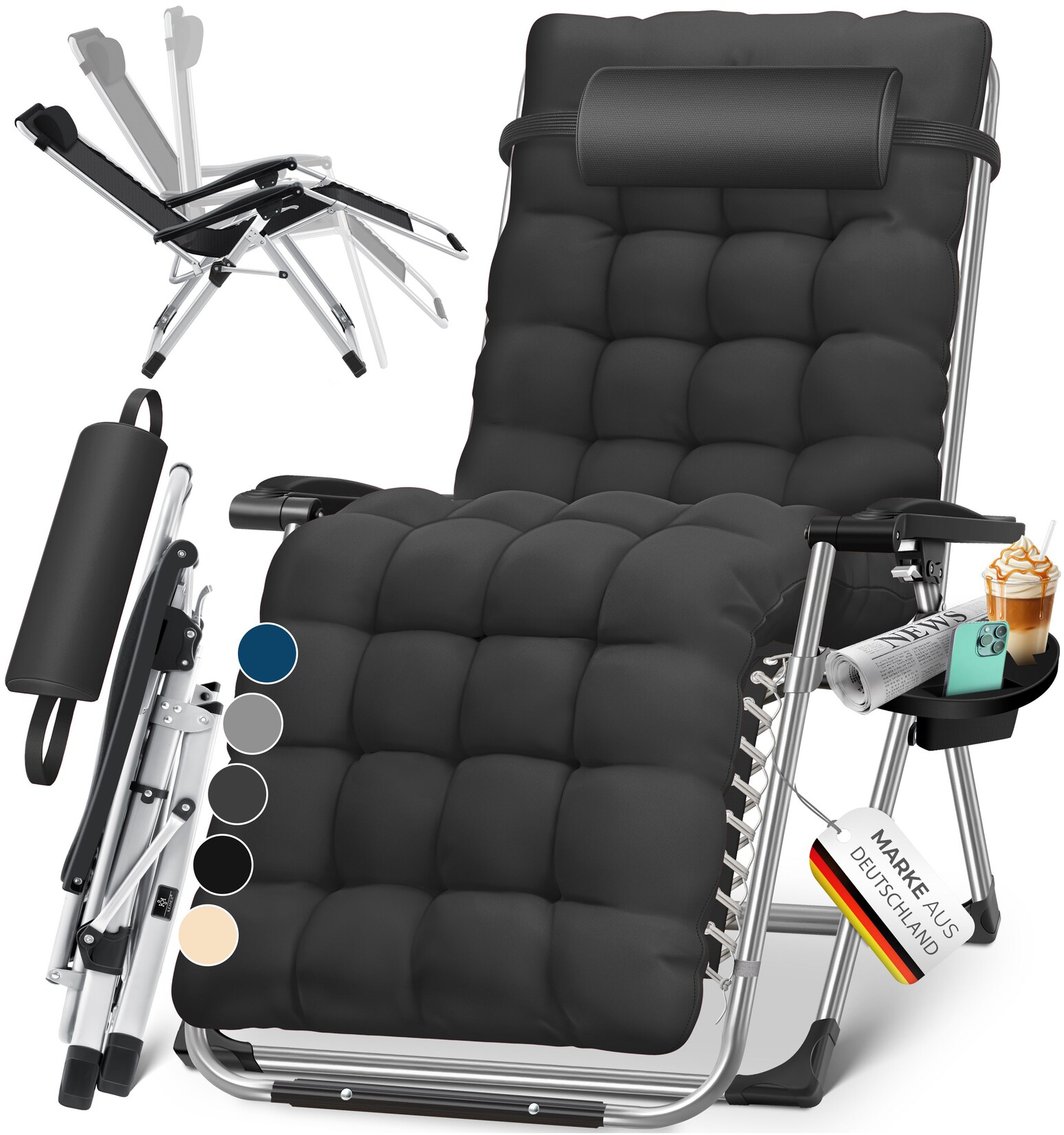 KESSER® Sonnenliege Liegestuhl Klappbar Mit Getränkehalter Gartenstuhl Mit Auflage Polster, Liegestuhl, Extra groß Gartenliege, Verstellbar Rückenlehne Garten Liege mit Kissen-Unterstützung | 04255598323178