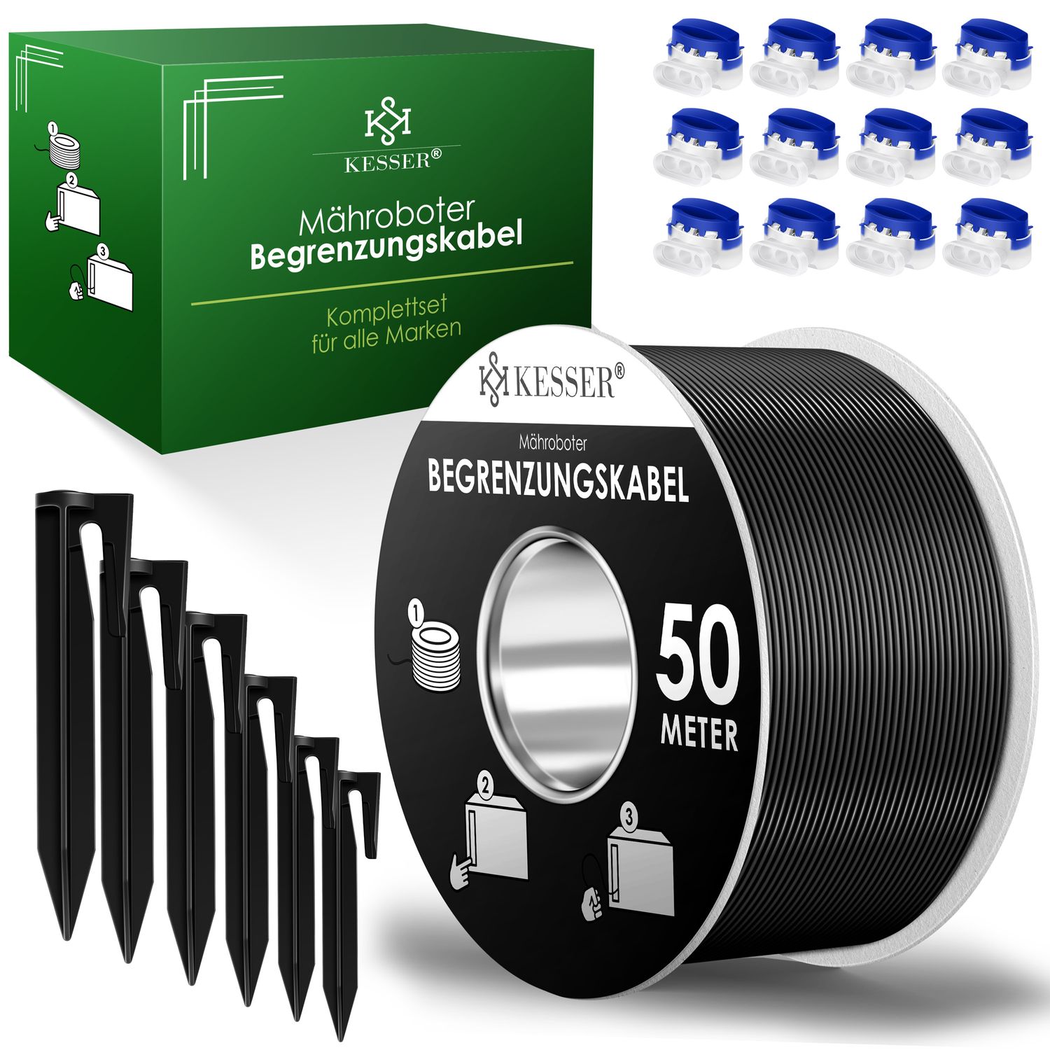 KESSER&reg; Begrenzungskabel + Erdspie&szlig;e + Kabelverbinder f&uuml;r M&auml;hroboter Rasenm&auml;her Rasenroboter Zubeh&ouml;r SET Begrenzungsdraht Universal kompatibel mit GARDENA/BOSCH/WORX/HONDA/ROBOMOW - Bild 1