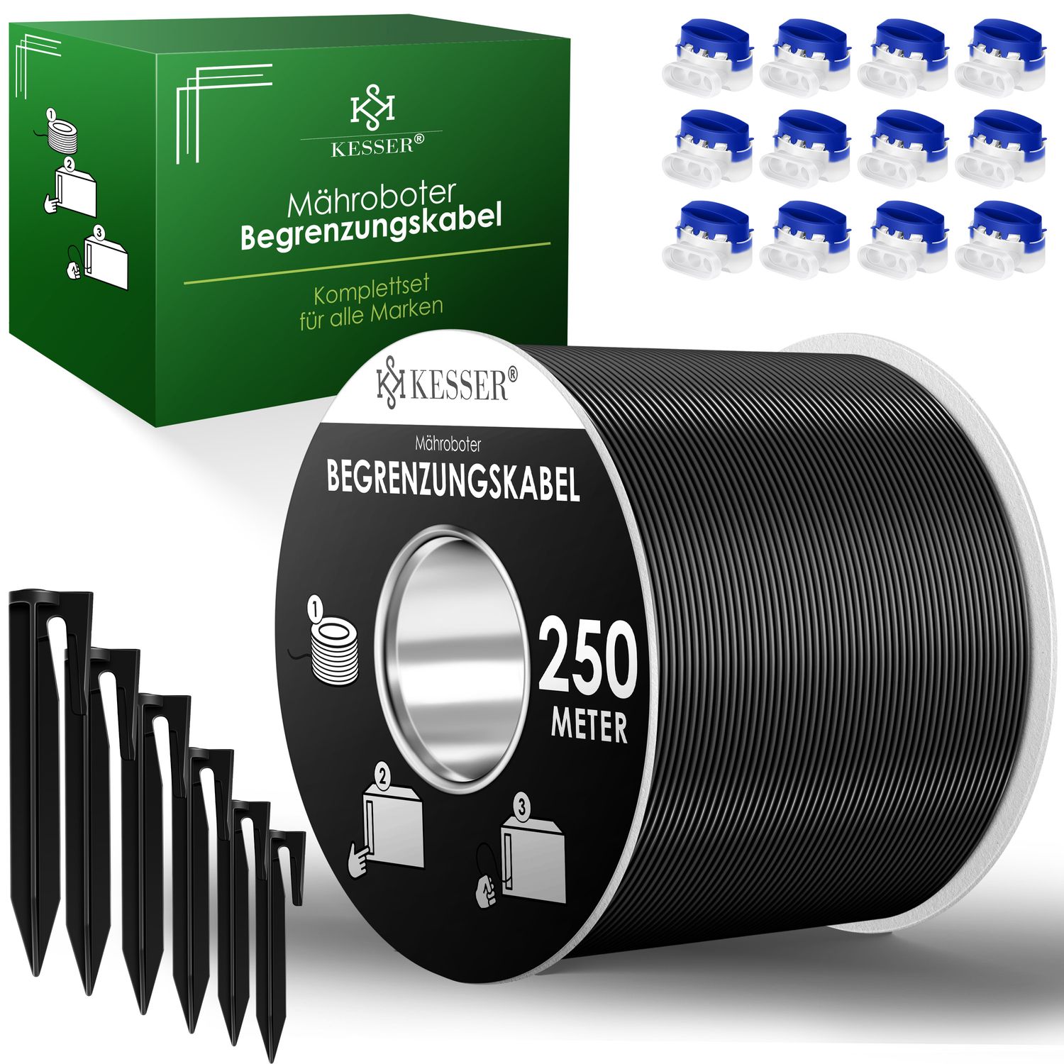 KESSER&reg; Begrenzungskabel + Erdspie&szlig;e + Kabelverbinder f&uuml;r M&auml;hroboter Rasenm&auml;her Rasenroboter Zubeh&ouml;r SET Begrenzungsdraht Universal kompatibel mit GARDENA/BOSCH/WORX/HONDA/ROBOMOW - Bild 1