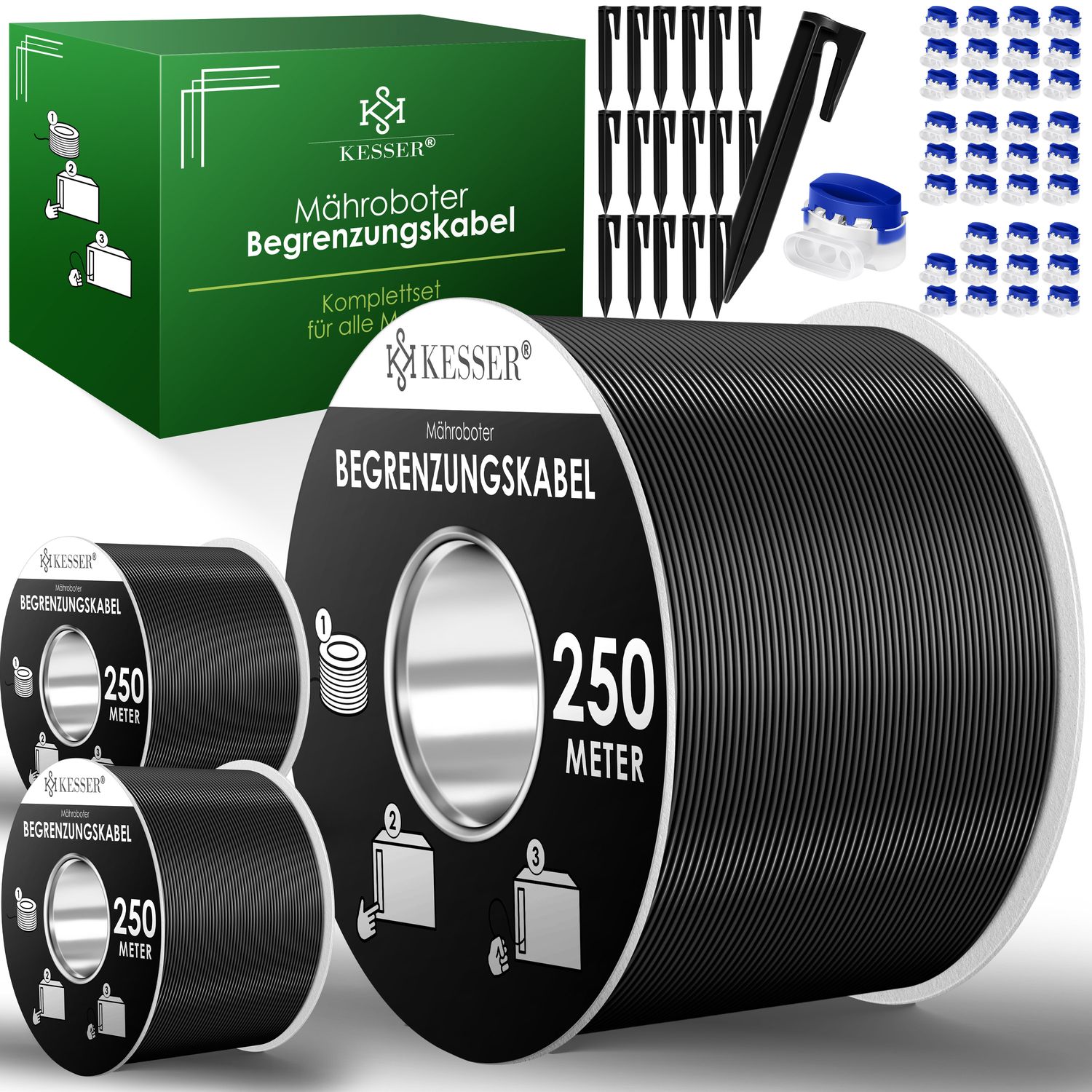 KESSER&reg; Begrenzungskabel + Erdspie&szlig;e + Kabelverbinder f&uuml;r M&auml;hroboter Rasenm&auml;her Rasenroboter Zubeh&ouml;r SET Begrenzungsdraht Universal kompatibel mit GARDENA/BOSCH/WORX/HONDA/ROBOMOW - Bild 1