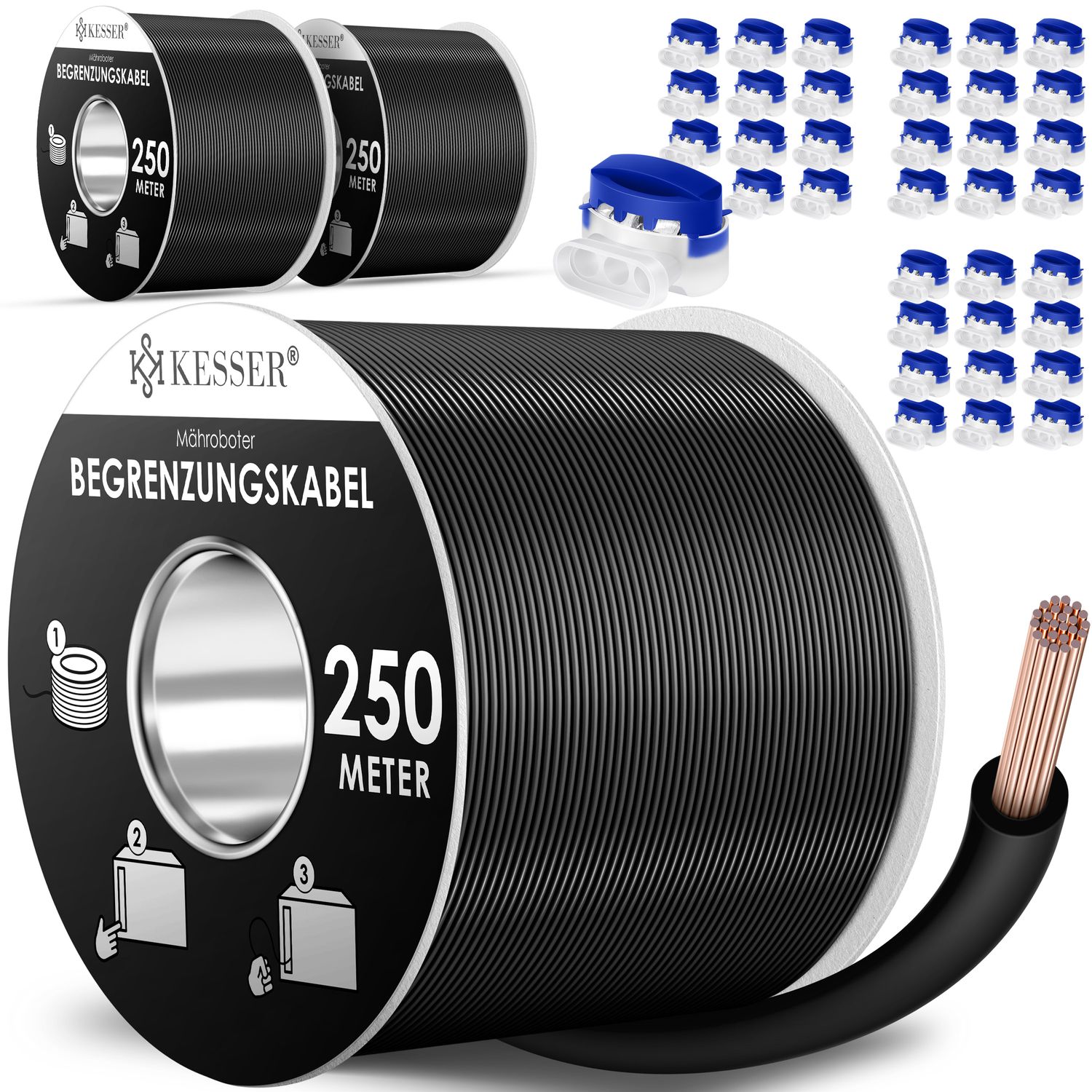 KESSER&reg; Begrenzungskabel + Erdspie&szlig;e + Kabelverbinder f&uuml;r M&auml;hroboter Rasenm&auml;her Rasenroboter Zubeh&ouml;r SET Begrenzungsdraht Universal kompatibel mit GARDENA/BOSCH/WORX/HONDA/ROBOMOW - Bild 1