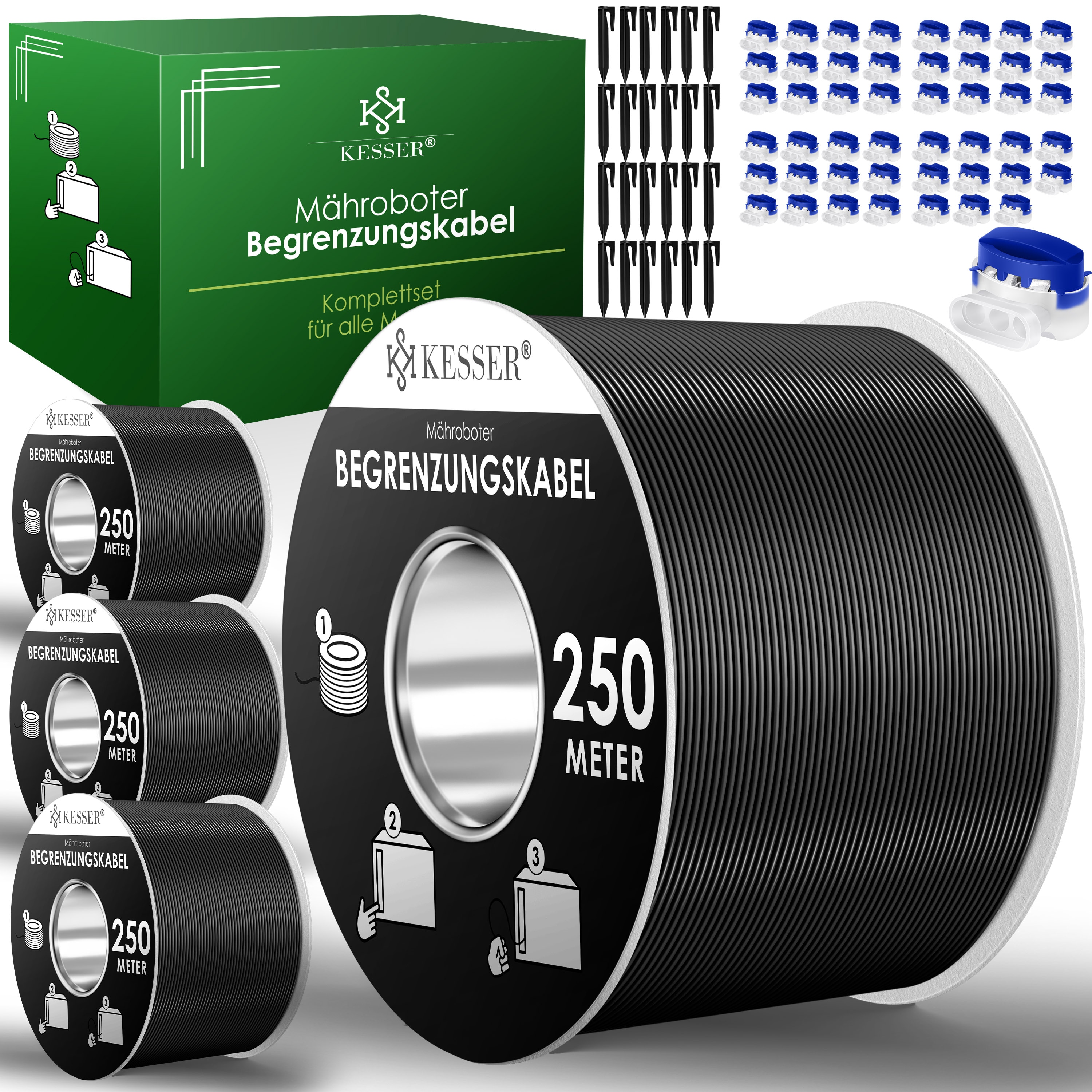 KESSER&reg; Begrenzungskabel + Erdspie&szlig;e + Kabelverbinder f&uuml;r M&auml;hroboter Rasenm&auml;her Rasenroboter Zubeh&ouml;r SET Begrenzungsdraht Universal kompatibel mit GARDENA/BOSCH/WORX/HONDA/ROBOMOW - Bild 1