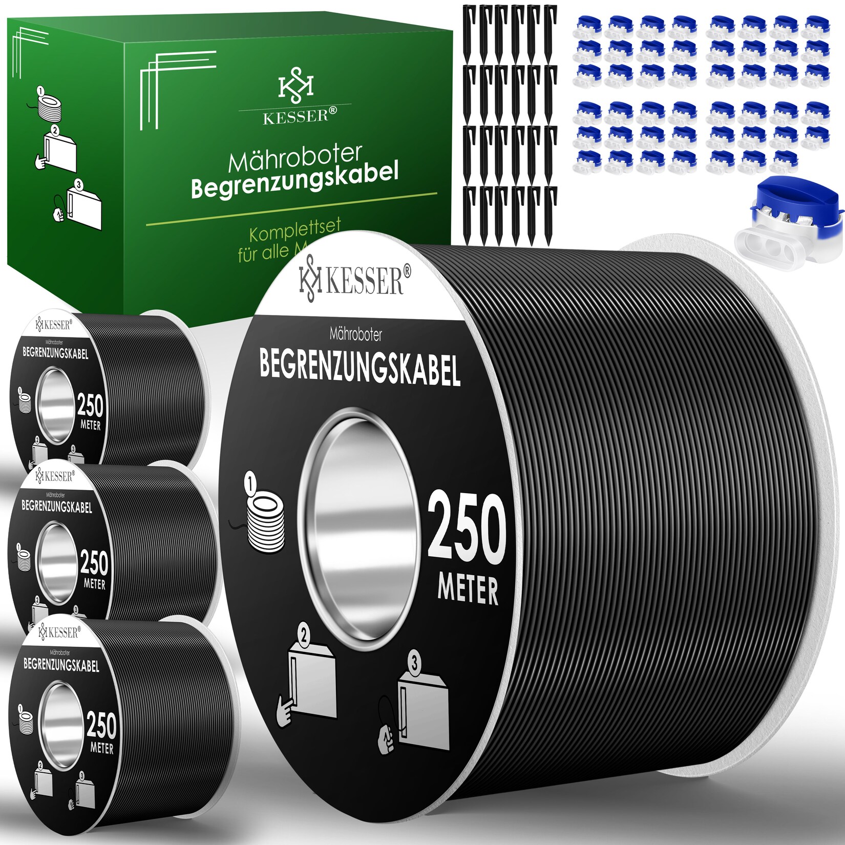 KESSER® Begrenzungskabel + Erdspieße + Kabelverbinder für Mähroboter Rasenmäher Rasenroboter Zubehör SET Begrenzungsdraht Universal kompatibel mit GARDENA/BOSCH/WORX/HONDA/ROBOMOW | 04255598342650
