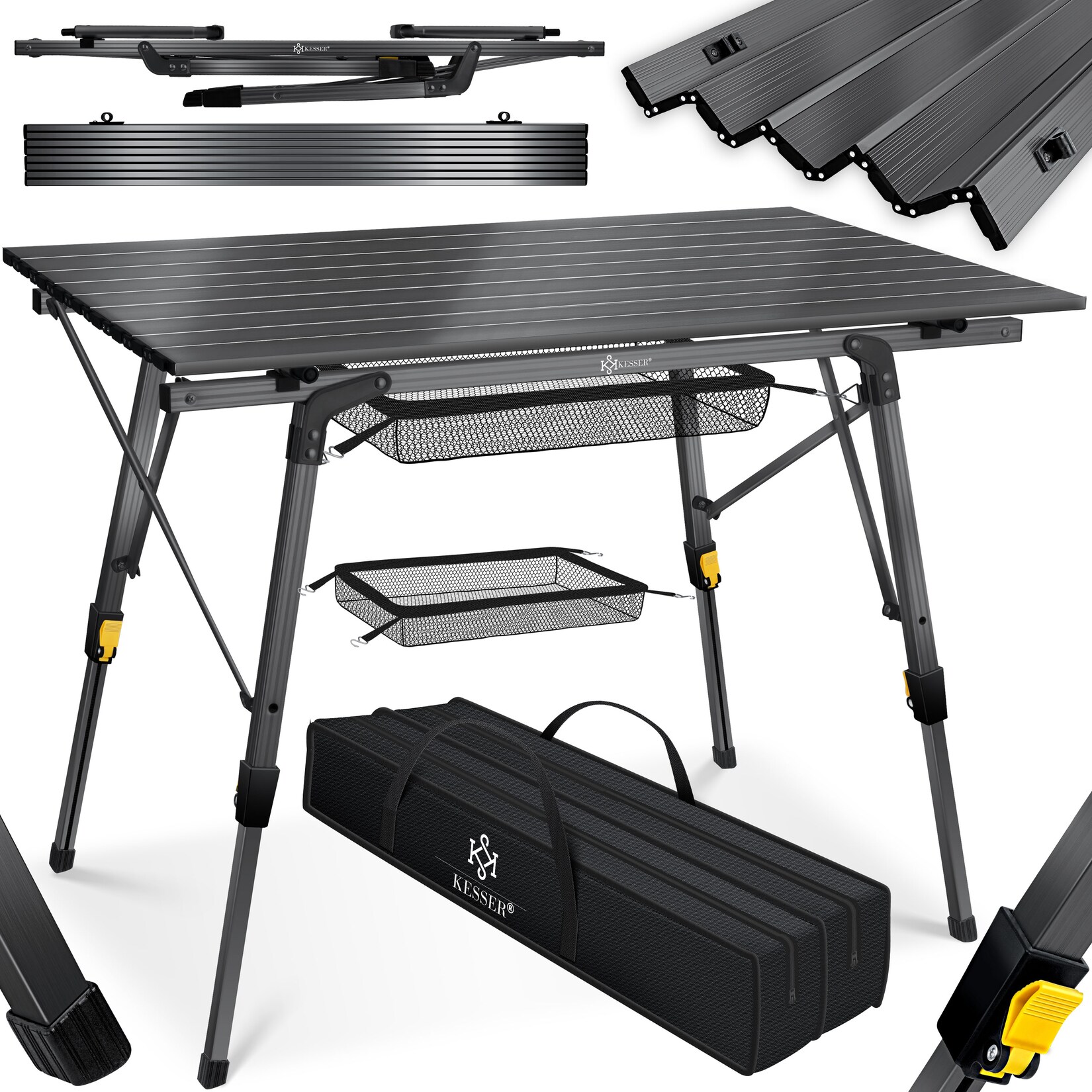KESSER® Campingtisch faltbar Klapptisch mit Aluminiumrahmen Aufrollbare Tischplatte Falttisch klappbar höhenverstellbar inkl. Tragetasche mit Trageband & Netztasche