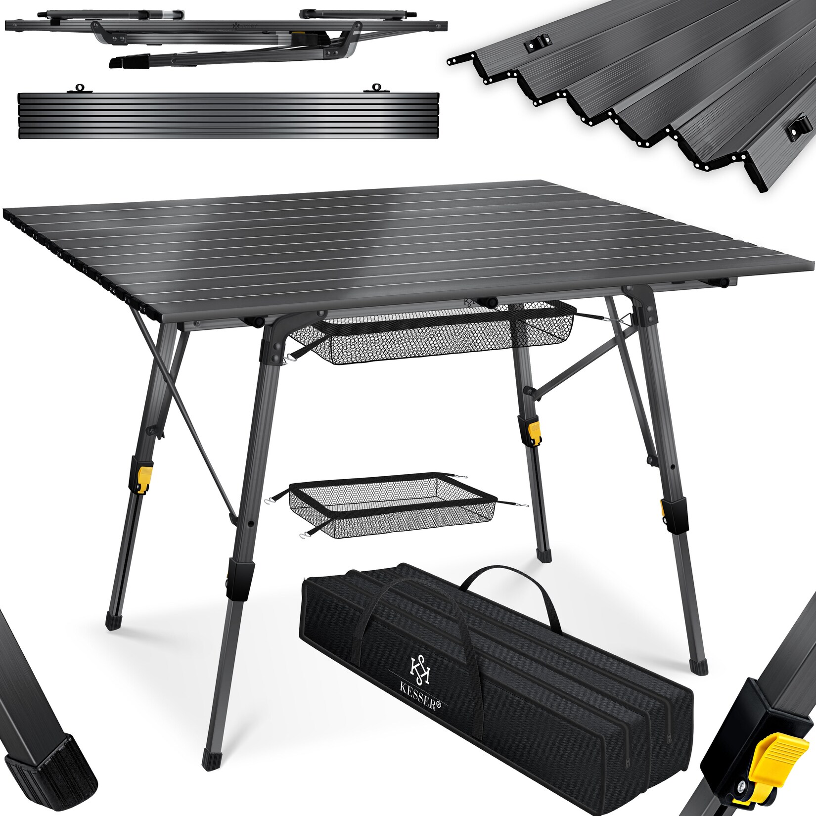 KESSER® Campingtisch faltbar Klapptisch mit Aluminiumrahmen Aufrollbare Tischplatte Falttisch klappbar höhenverstellbar inkl. Tragetasche mit Trageband & Netztasche