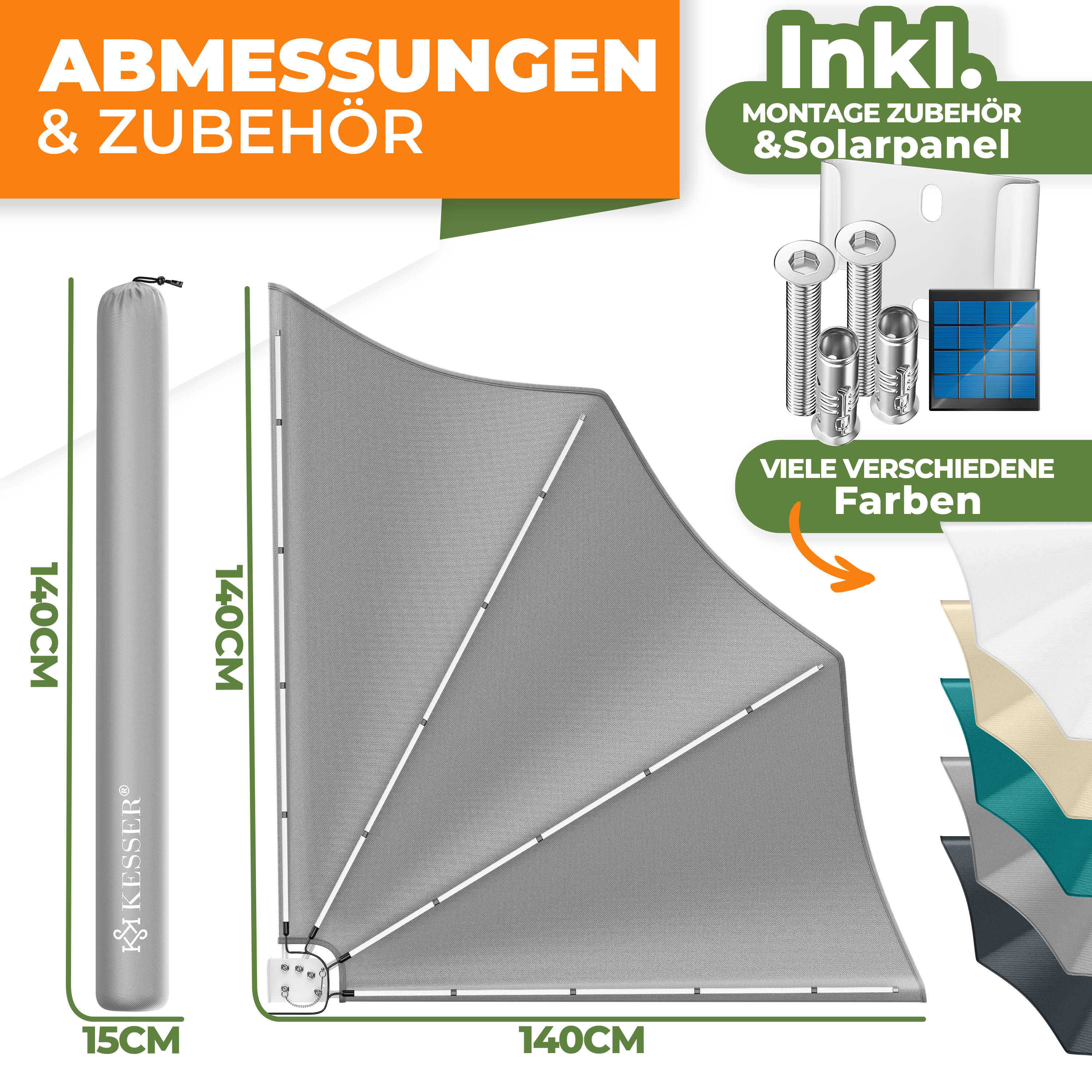 KESSER® Balkonwaaier met led, inklapbaar met wandhouder, 140 x 140 cm