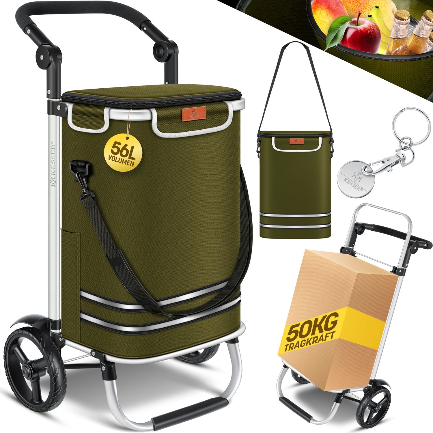 KESSER&reg; Einkaufstrolley klappbar mit 56L Kapazit&auml;t und belastbar bis 50kg | 3in1 Trolley Sackkarre & Umh&auml;ngetasche | Faltbarer Einkaufswagen inkl. K&uuml;hlfach & Einkaufschip | Treppensteiger - Bild 1