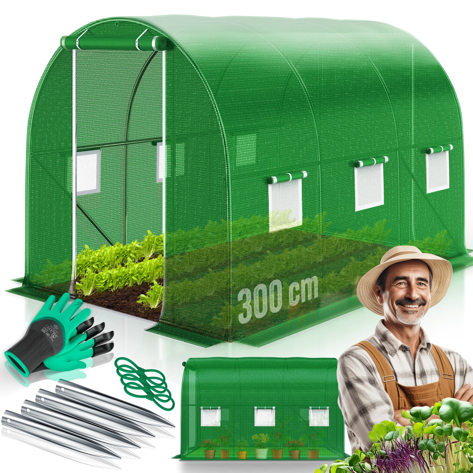 ® Folien-Gewächshaus Stabil mit Fenstern mit Moskitonetz & Tür   Gartentunnel mit Rahmen aus verzinktem Stahl   Folientunnel /m²  inkl. Erdanker Handschuhen & Seilen