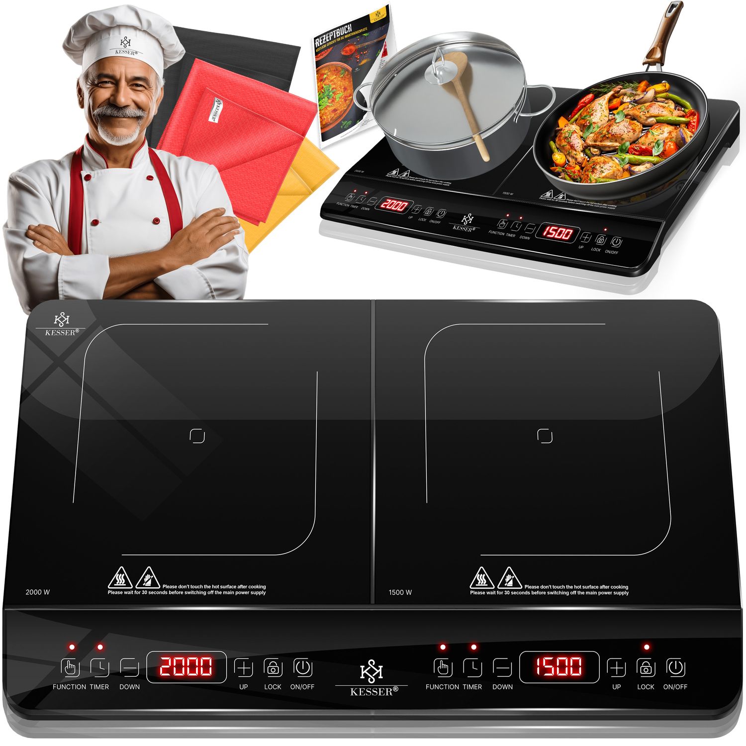 KESSER&reg; Induktionskochplatte Induktionskochfeld Tragbare 28cm Kochplatte + 3x Mikrofasertuch + 1x Rezeptbuch, Heizstufen, Stunden-Timer, Touch-Steuerung, Booster-Funktion 220-240V - Bild 1