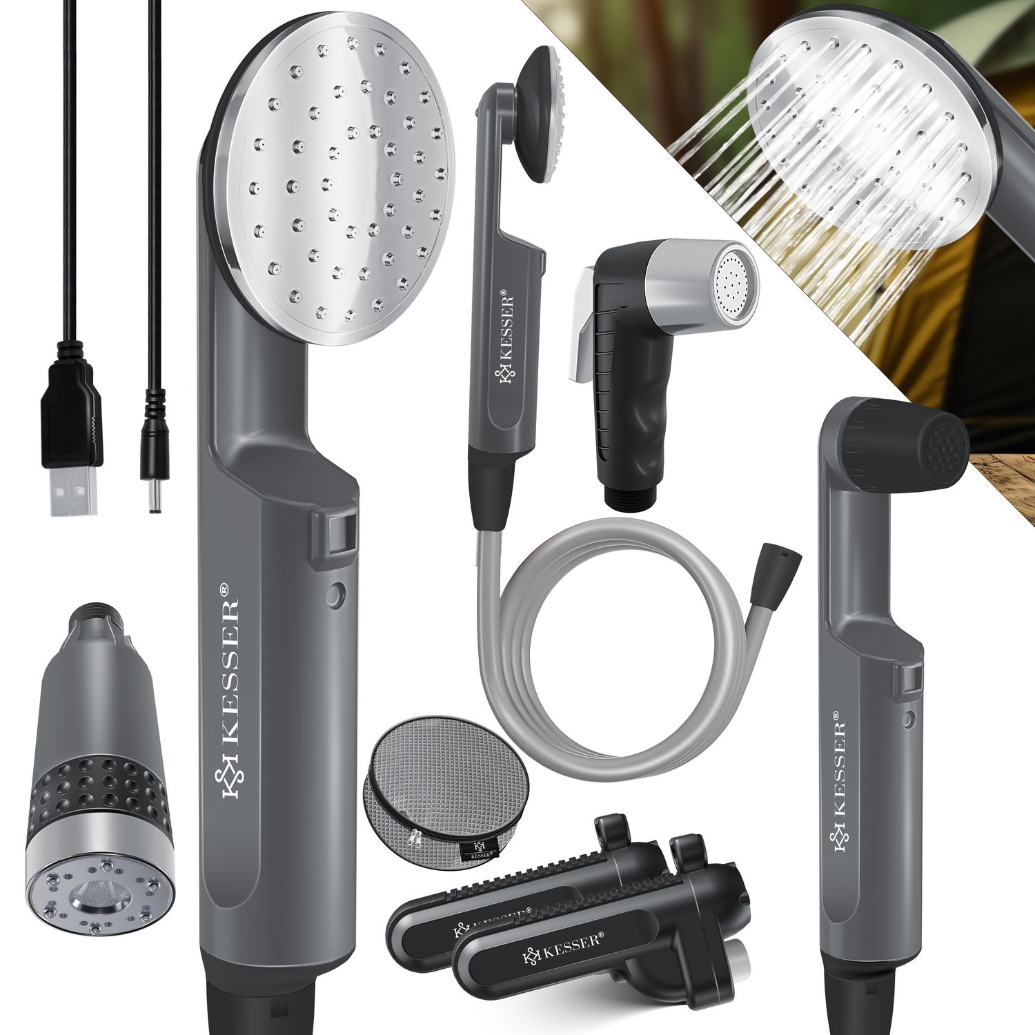 KESSER&reg; Campingdusche mit Akku Tauchpumpe Handbrause 2x 2200mAh-Lithium-Akku, USB-Ladekabel , f&uuml;r Camping Garten - Auto - Outdoor , Hundedusche , Autoreinigung , Inkl. Tragetasche, 12V Pumpe - Bild 1