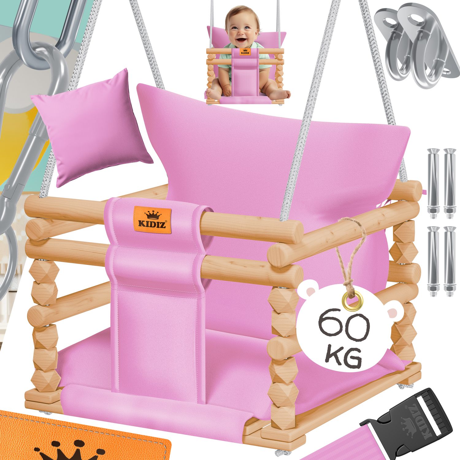 KIDIZ&reg; Babyschaukel Kinderschaukel Schaukelsitz mit Polsterung | Holz-Schaukel mit Anti-Kipp bis 60KG | H&ouml;henverstellbar Indoor & Outdoor | 0,5 - 3 Jahre | Montagezubeh&ouml;r & Sicherheitsgurt - Bild 1