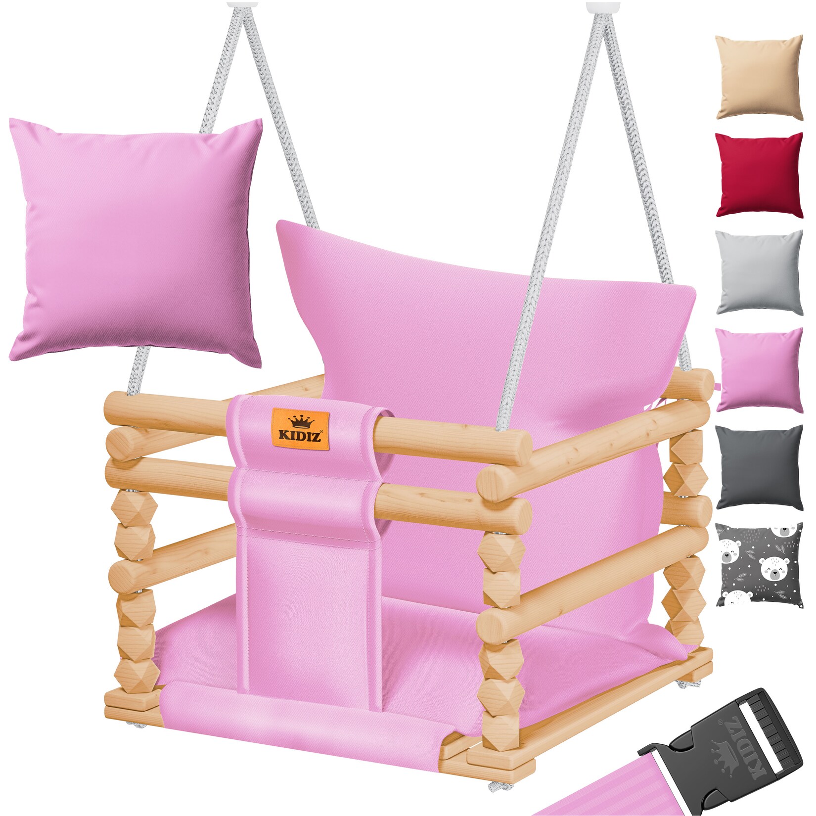 KIDIZ® Babyschaukel Kinderschaukel Schaukelsitz mit Polsterung Holz-Schaukel mit Anti-Kipp bis 60KG Höhenverstellbar Indoor & Outdoor 0,5 - 3 Jahre Montagezubehör & Sicherheitsgurt