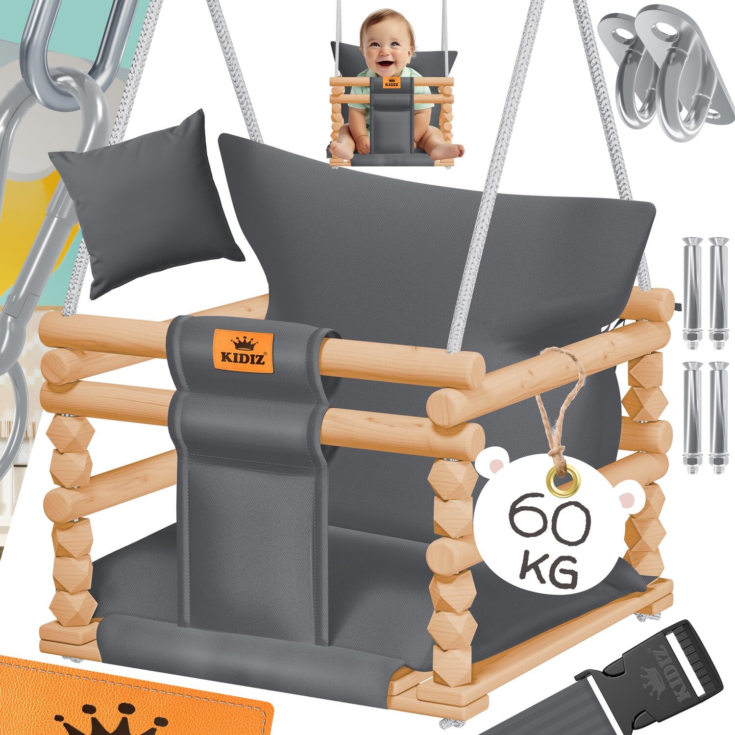 KIDIZ® Babyschaukel Kinderschaukel Schaukelsitz mit Polsterung   Holz-Schaukel mit Anti-Kipp bis 60KG   Höhenverstellbar Indoor & Outdoor   0,5 – 3 Jahre   Montagezubehör & Sicherheitsgurt | 04255598327527
