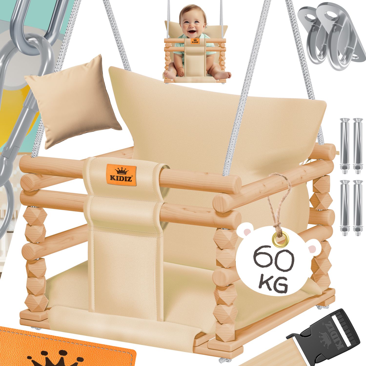 KIDIZ&reg; Babyschaukel Kinderschaukel Schaukelsitz mit Polsterung | Holz-Schaukel mit Anti-Kipp bis 60KG | H&ouml;henverstellbar Indoor & Outdoor | 0,5 - 3 Jahre | Montagezubeh&ouml;r & Sicherheitsgurt - Bild 1
