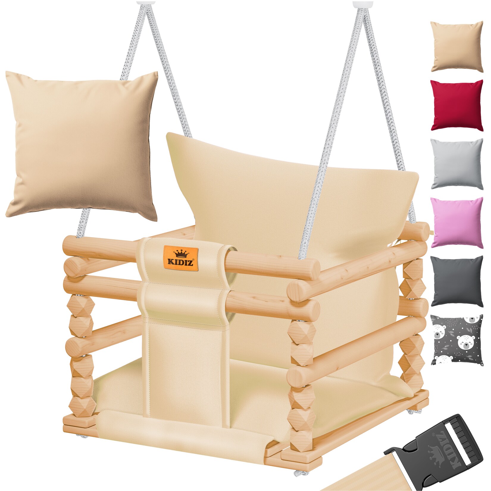 KIDIZ® Babyschaukel Kinderschaukel Schaukelsitz mit Polsterung Holz-Schaukel mit Anti-Kipp bis 60KG Höhenverstellbar Indoor & Outdoor 0,5 - 3 Jahre Montagezubehör & Sicherheitsgurt