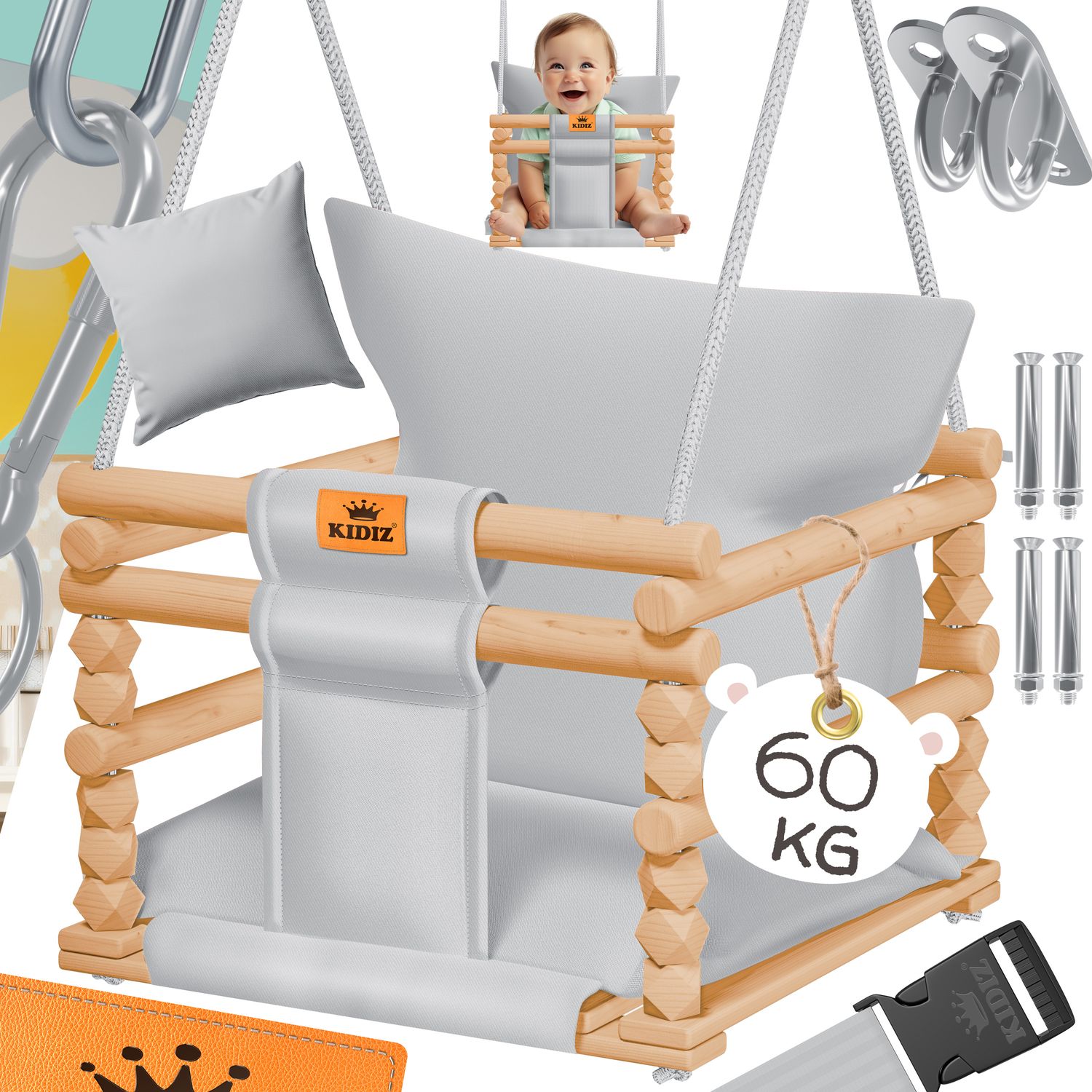KIDIZ&reg; Babyschaukel Kinderschaukel Schaukelsitz mit Polsterung | Holz-Schaukel mit Anti-Kipp bis 60KG | H&ouml;henverstellbar Indoor & Outdoor | 0,5 - 3 Jahre | Montagezubeh&ouml;r & Sicherheitsgurt - Bild 1
