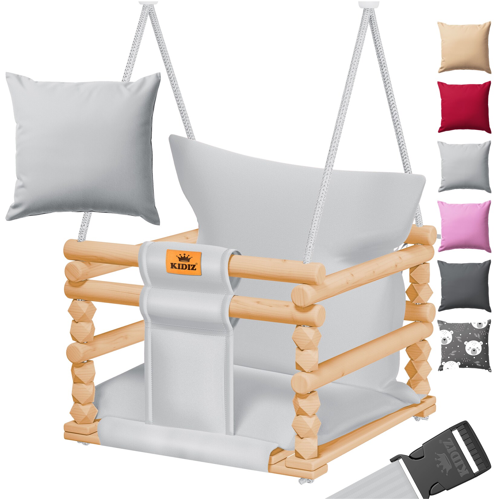 KIDIZ® Babyschaukel Kinderschaukel Schaukelsitz mit Polsterung Holz-Schaukel mit Anti-Kipp bis 60KG Höhenverstellbar Indoor & Outdoor 0,5 - 3 Jahre Montagezubehör & Sicherheitsgurt