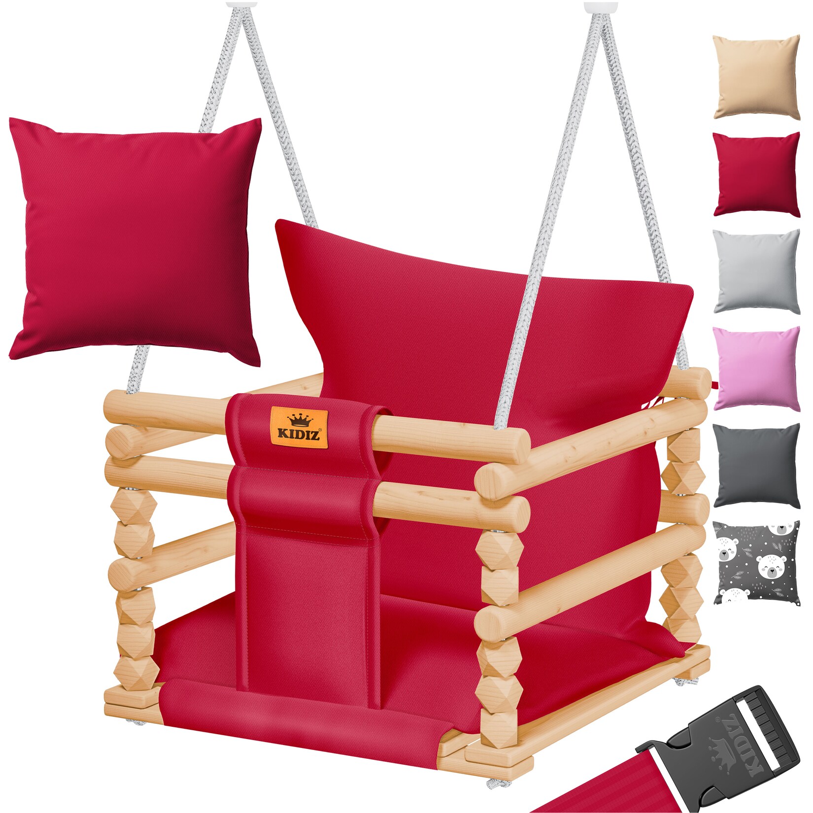 KIDIZ® Babyschaukel Kinderschaukel Schaukelsitz mit Polsterung Holz-Schaukel mit Anti-Kipp bis 60KG Höhenverstellbar Indoor & Outdoor 0,5 - 3 Jahre Montagezubehör & Sicherheitsgurt