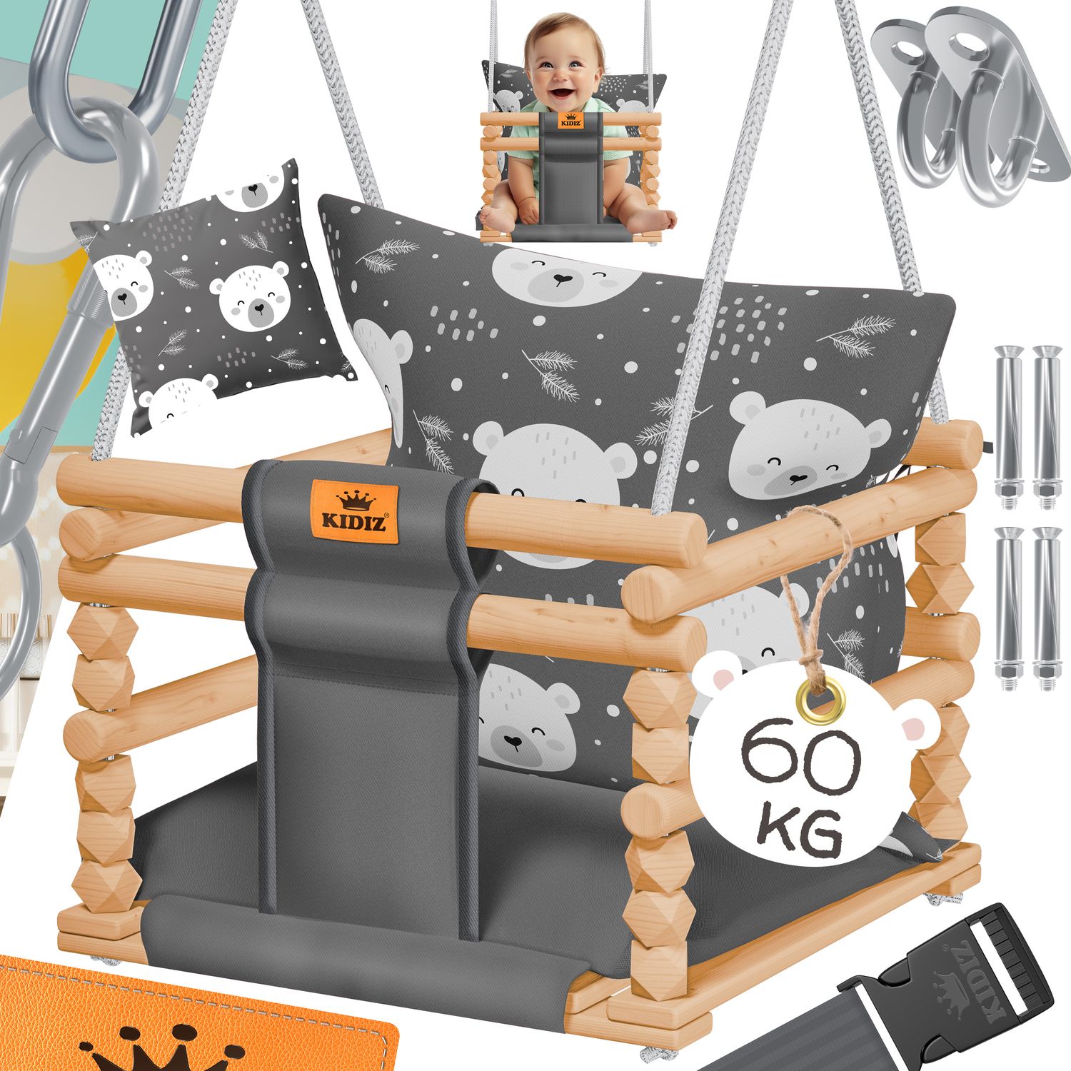 KIDIZ&reg; Babyschaukel Kinderschaukel Schaukelsitz mit Polsterung | Holz-Schaukel mit Anti-Kipp bis 60KG | H&ouml;henverstellbar Indoor & Outdoor | 0,5 - 3 Jahre | Montagezubeh&ouml;r & Sicherheitsgurt - Bild 1