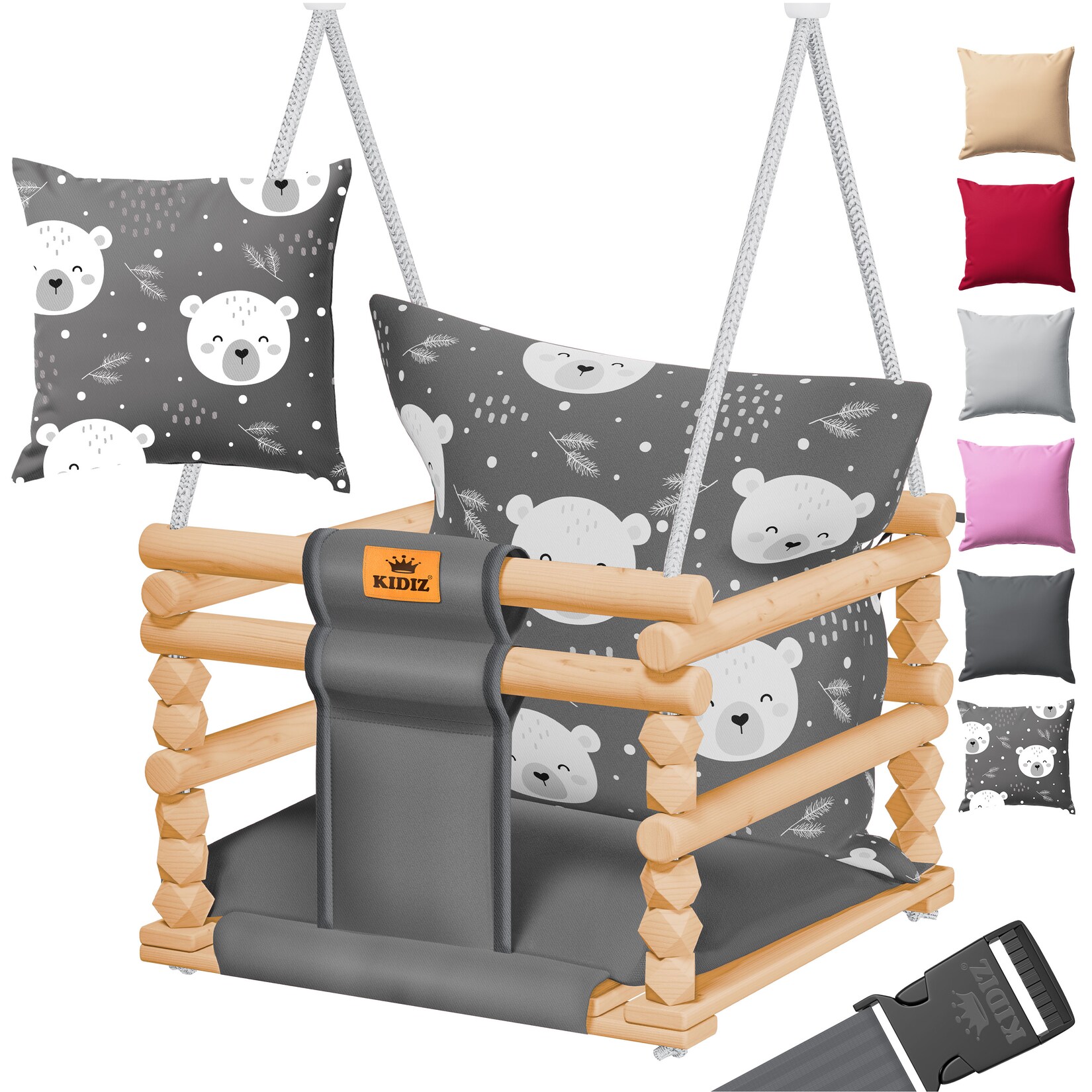 KIDIZ® Babyschaukel Kinderschaukel Schaukelsitz mit Polsterung Holz-Schaukel mit Anti-Kipp bis 60KG Höhenverstellbar Indoor & Outdoor 0,5 - 3 Jahre Montagezubehör & Sicherheitsgurt