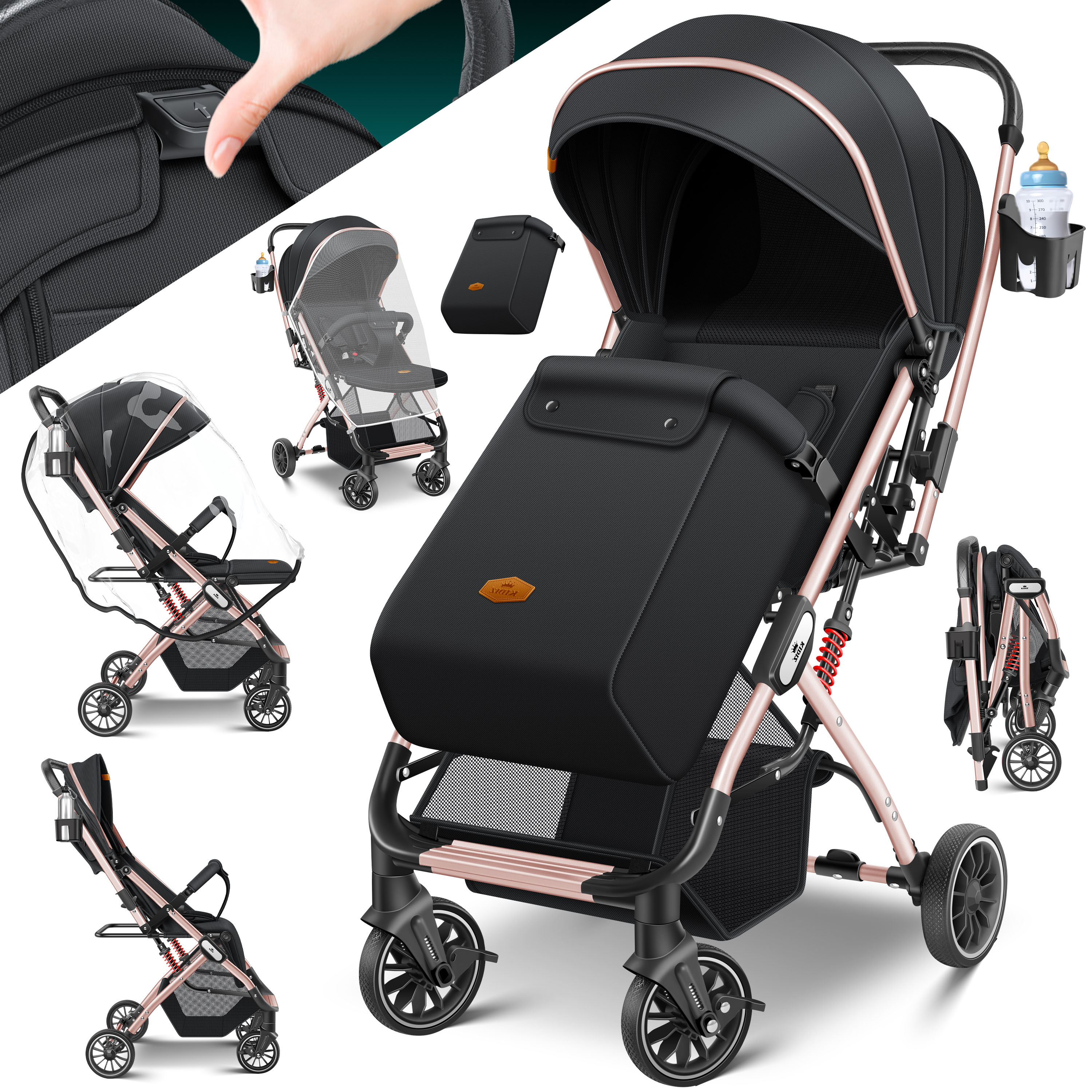 KIDIZ&reg; Kinderwagen Kinderbuggy klappbar Liegebuggy Sportwagen Faltbar 360&deg; R&auml;der 5-Punkt Gurt Inkl. Fu&szlig;sack, Getr&auml;nkehalter, Regenabdeckung & Moskitonetz verstellbare R&uuml;ckenlehne & Sonnenverdeck - Bild 1