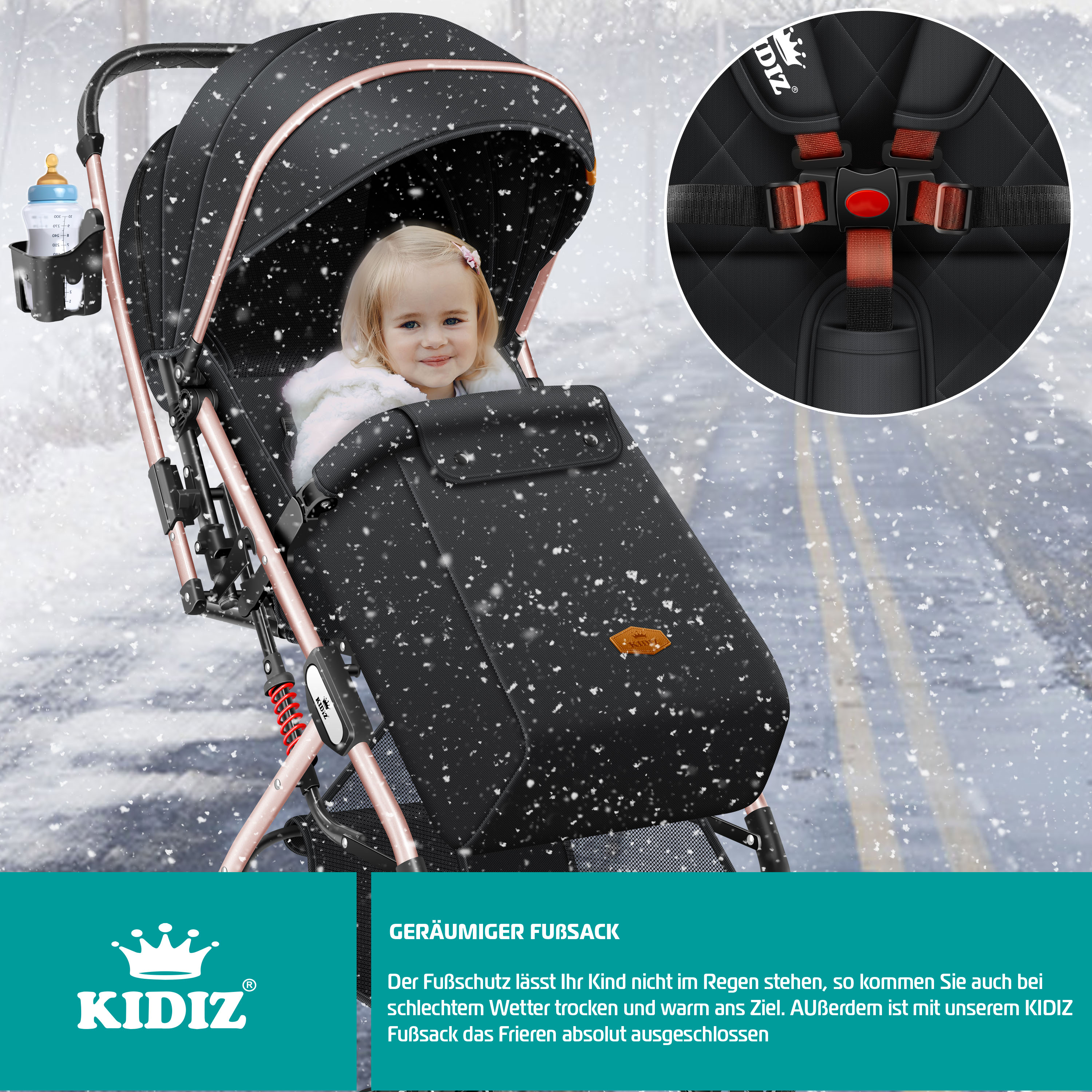 KIDIZ Kinderwagen Kinderbuggy klappbar Liegebuggy Sportwagen Faltbar 360  Rder 5-Punkt Gurt Inkl. Fusack, Getrnkehalter, Regenabdeckung &  Moskitonetz verstellbare Rckenlehne & Sonnenverdeck online kaufen bei Netto