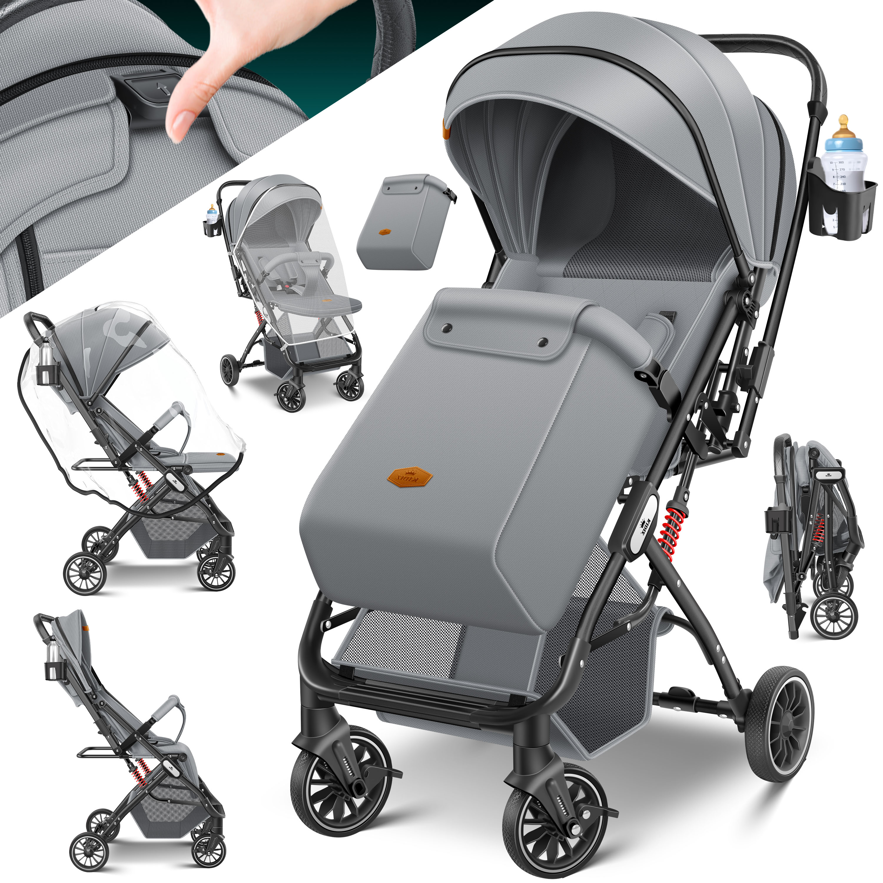 KIDIZ&reg; Kinderwagen Kinderbuggy klappbar Liegebuggy Sportwagen Faltbar 360&deg; R&auml;der 5-Punkt Gurt Inkl. Fu&szlig;sack, Getr&auml;nkehalter, Regenabdeckung & Moskitonetz verstellbare R&uuml;ckenlehne & Sonnenverdeck - Bild 1