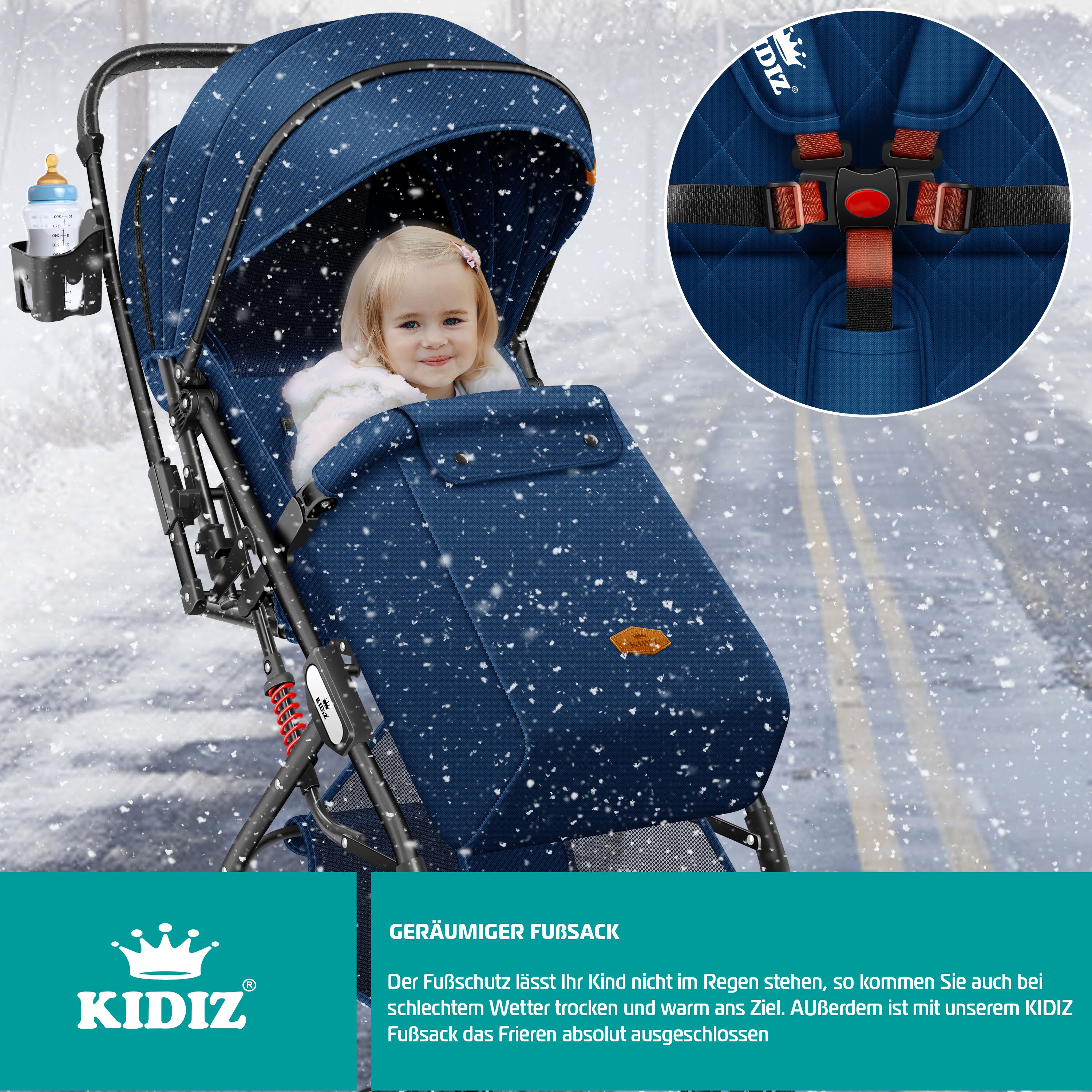 KIDIZ Kinderwagen Kinderbuggy klappbar Liegebuggy Sportwagen Faltbar 360  Rder 5-Punkt Gurt Inkl. Fusack, Getrnkehalter, Regenabdeckung &  Moskitonetz verstellbare Rckenlehne & Sonnenverdeck online kaufen bei Netto