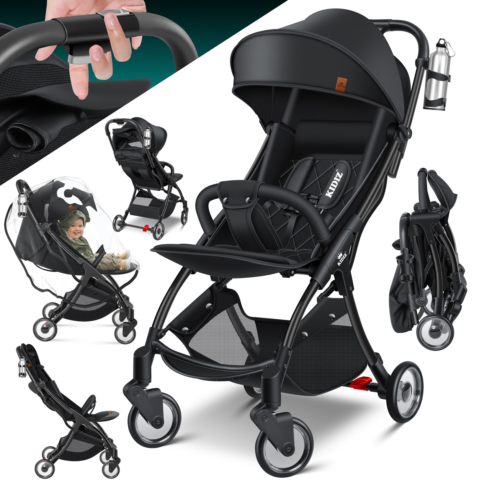 KIDIZ® Kinderwagen Premium Kinderbuggy klappbar Liegebuggy Sportwagen Faltbar 360°Räder 5-Punkt Gurt Inkl. Getränkehalter & Regenabdeckung, …