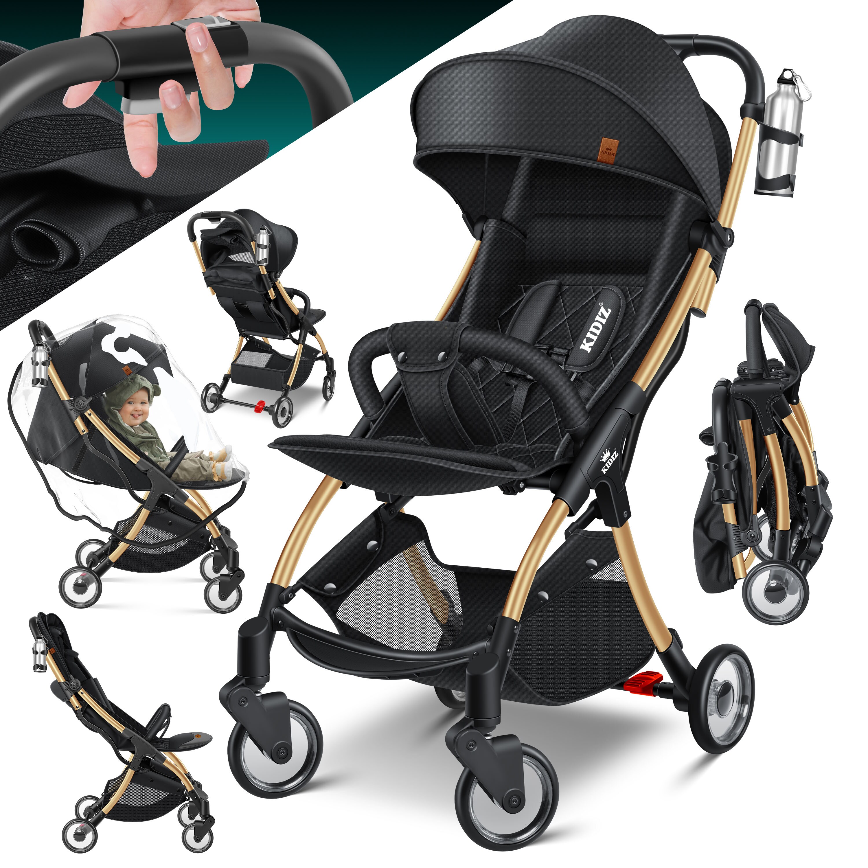 KIDIZ&reg; Kinderwagen Premium Kinderbuggy klappbar Liegebuggy Sportwagen Faltbar 360&deg;R&auml;der 5-Punkt Gurt Inkl. Getr&auml;nkehalter & Regenabdeckung, verstellbare R&uuml;ckenlehne & Sonnenverdeck - Bild 1