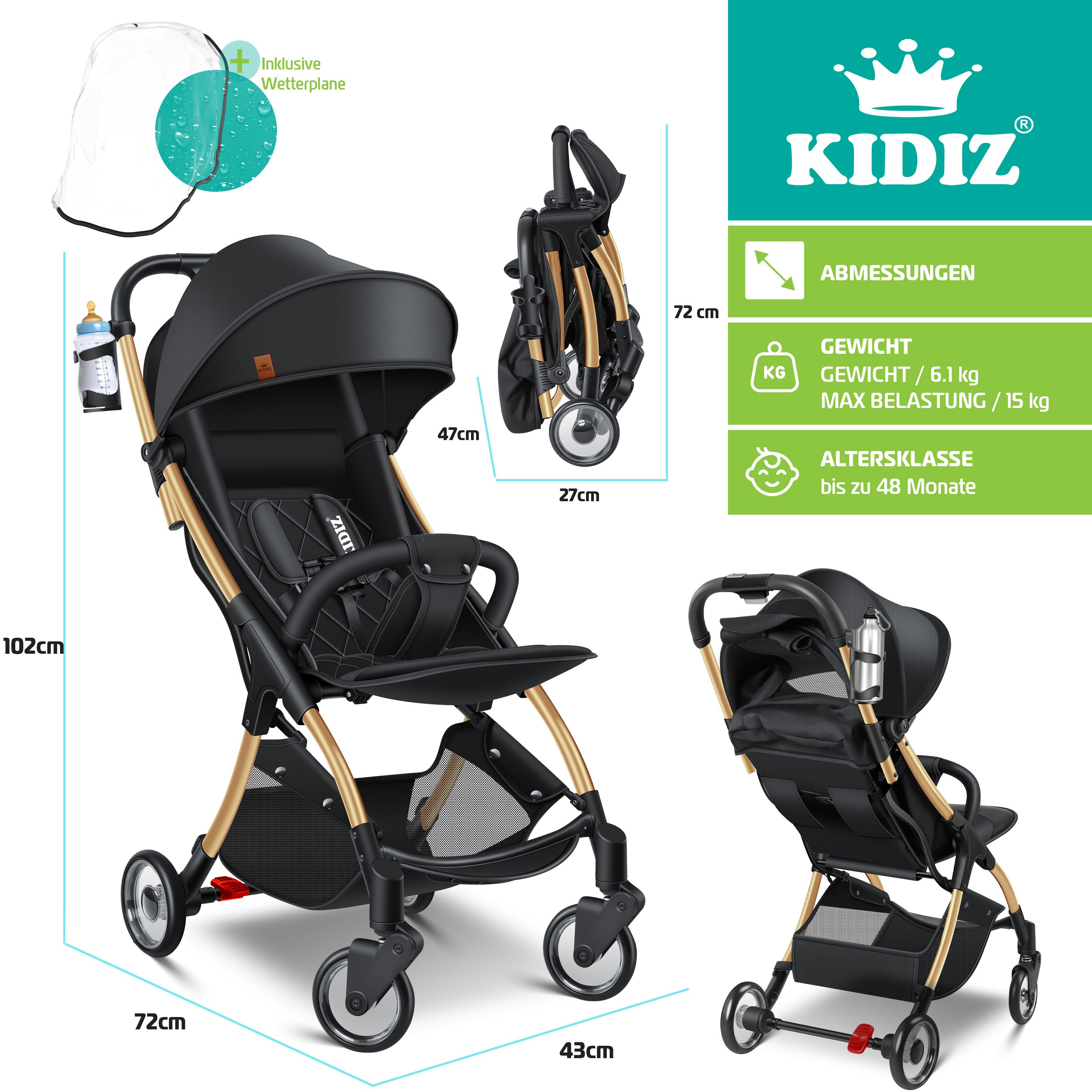 KIDIZ® Kinderwagen Premium Kinderbuggy Klappbar Li Produktbild-Vorschau 6