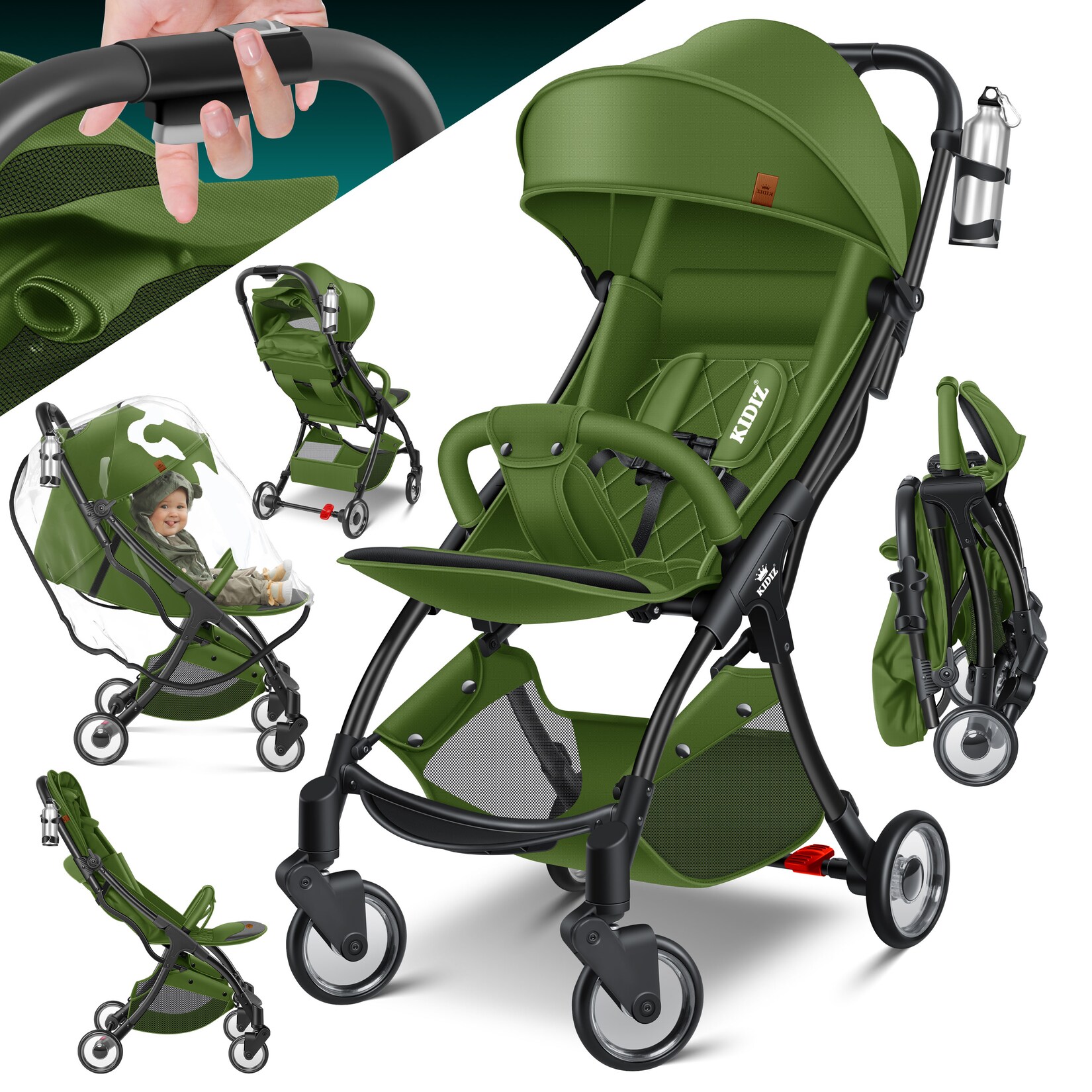 KIDIZ® Kinderwagen Premium Kinderbuggy klappbar Liegebuggy Sportwagen Faltbar 360°Räder 5-Punkt Gurt Inkl. Getränkehalter & Regenabdeckung, verstellbare Rückenlehne & Sonnenverdeck | 04255598333245