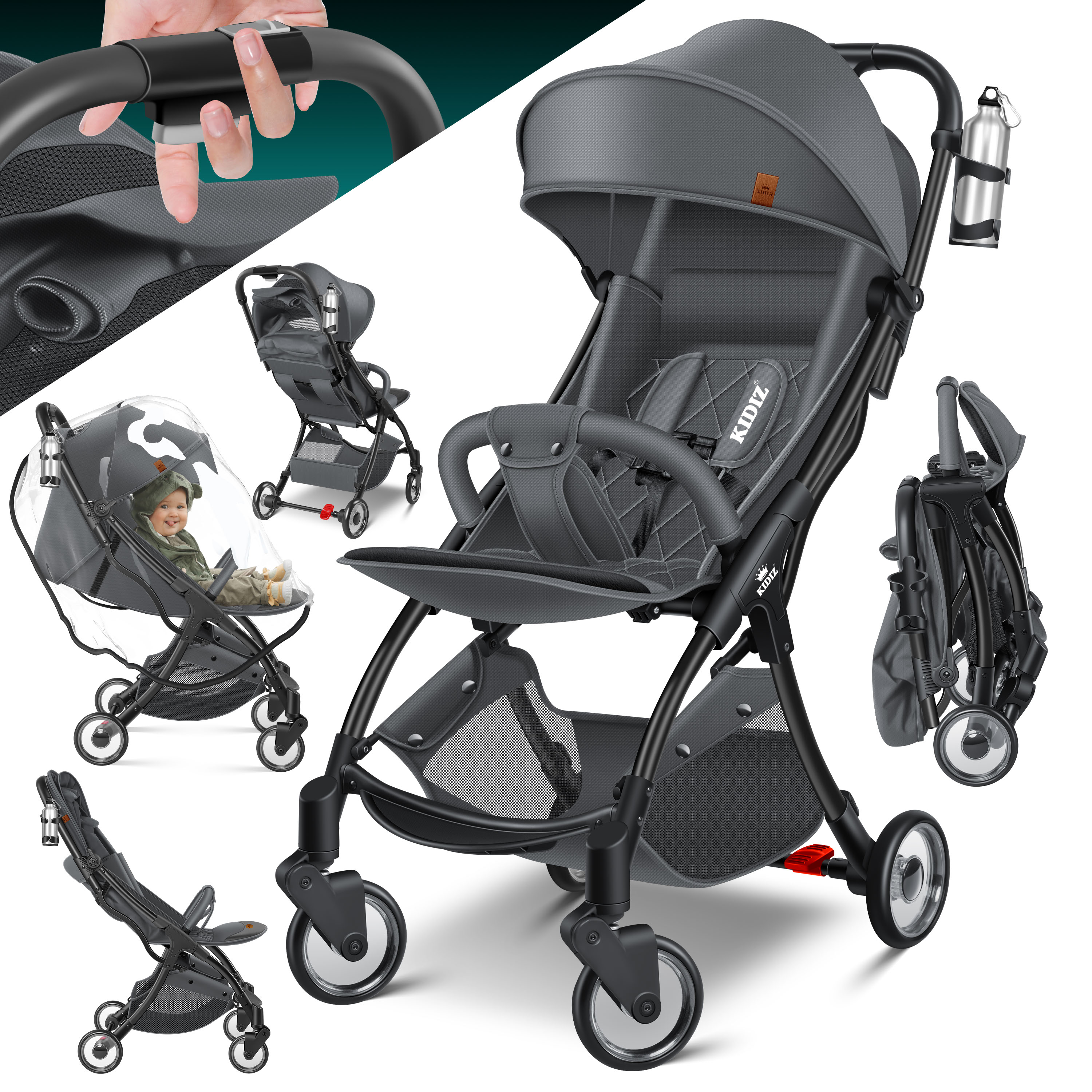 KIDIZ&reg; Kinderwagen Premium Kinderbuggy klappbar Liegebuggy Sportwagen Faltbar 360&deg;R&auml;der 5-Punkt Gurt Inkl. Getr&auml;nkehalter & Regenabdeckung, verstellbare R&uuml;ckenlehne & Sonnenverdeck - Bild 1