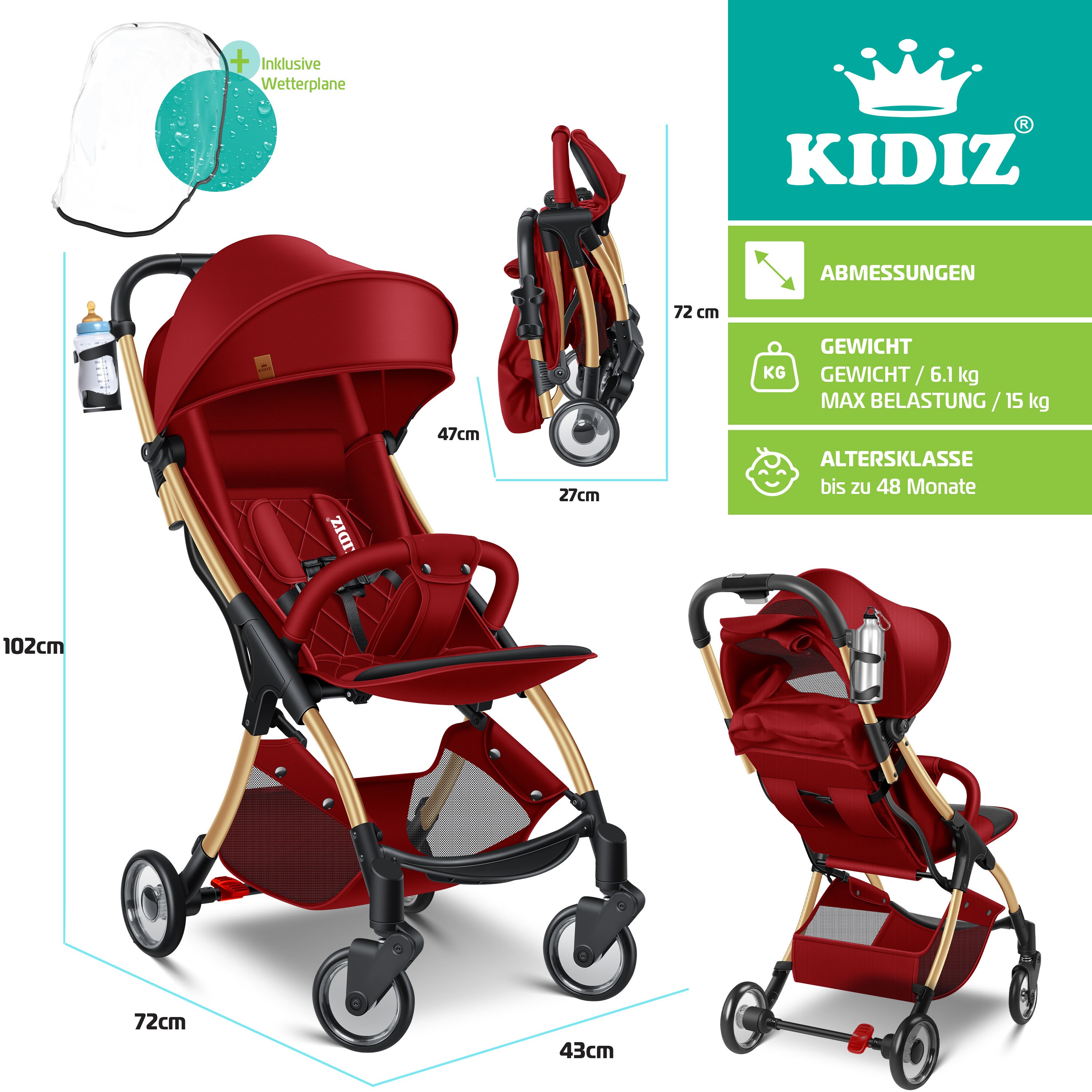 KIDIZ® Kinderwagen Premium Kinderbuggy Klappbar Li Produktbild-Vorschau 9