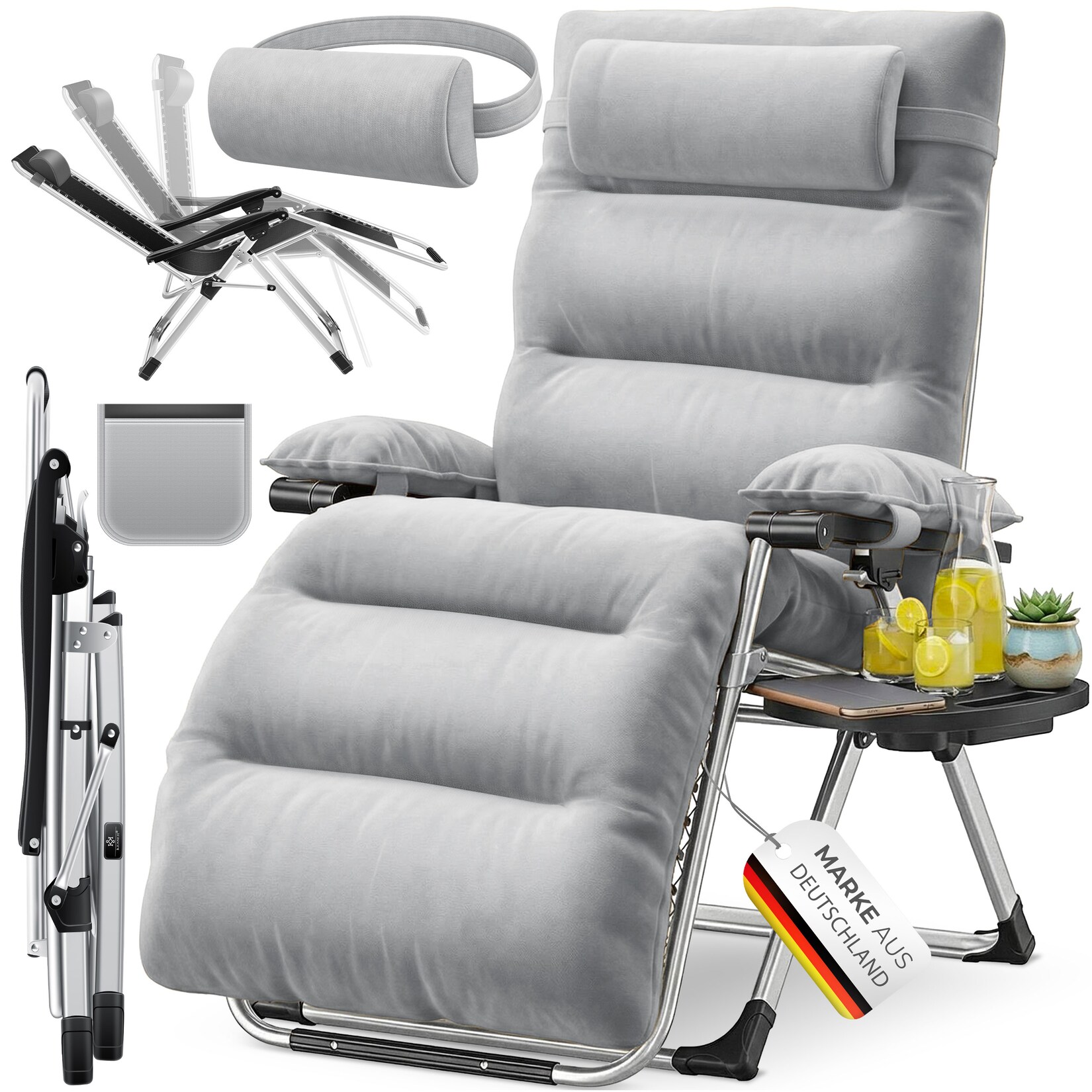 ® Sonnenliege Liegestuhl, klappbare Gartenliege extra breit & Wetterfest, Belastbar , Ergonomisches Polster, verstellbare Rückenlehne inkl. Nackenkissen, Getränkehalter & Armpolster